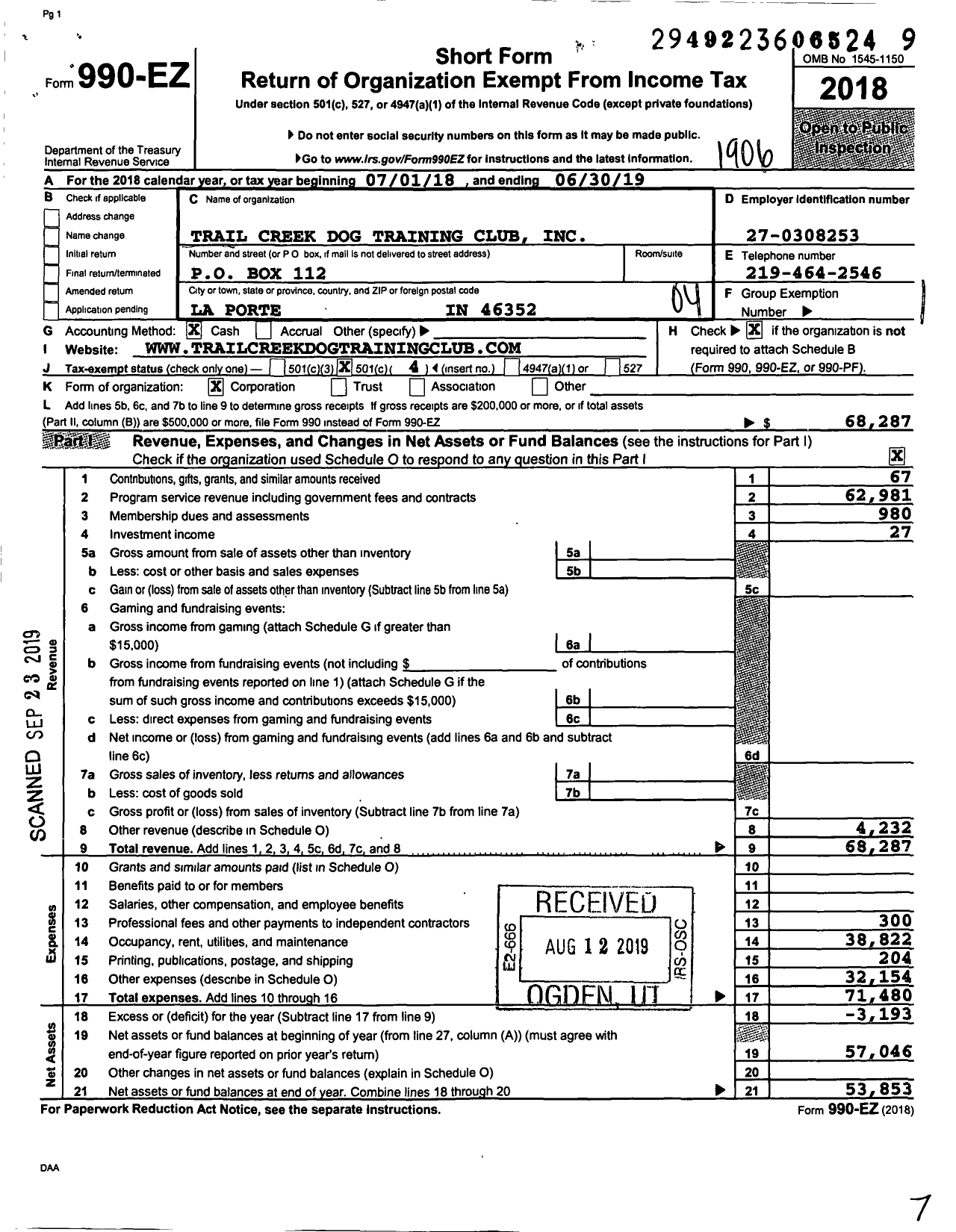 Image of first page of 2018 Form 990EO for Trail Creek Dog Training Club (TCDTG)