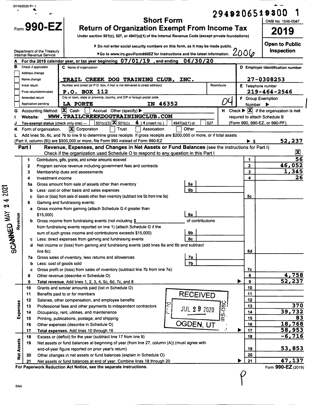 Image of first page of 2019 Form 990EO for Trail Creek Dog Training Club (TCDTG)