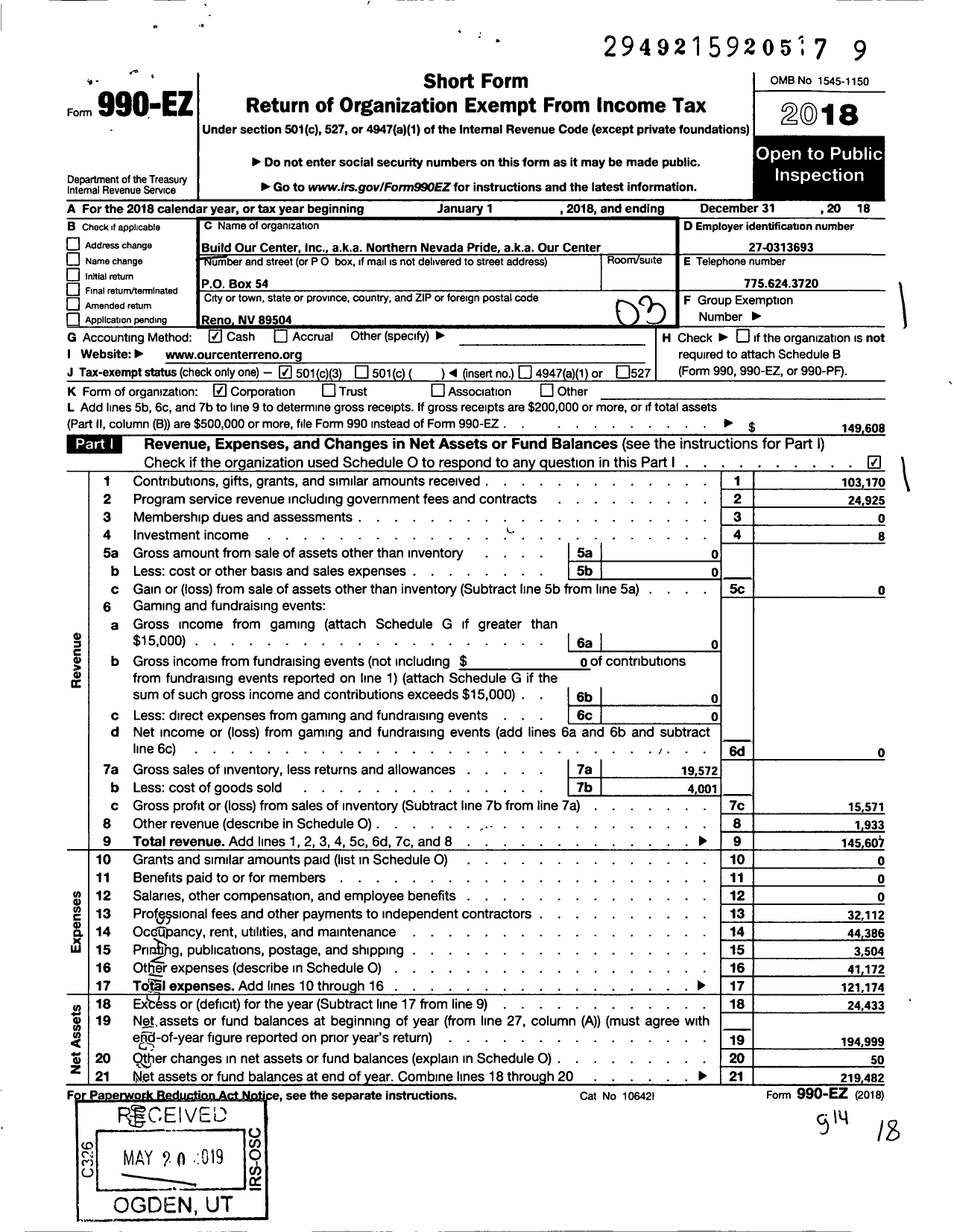 Image of first page of 2018 Form 990EZ for Northern Nevada Pride