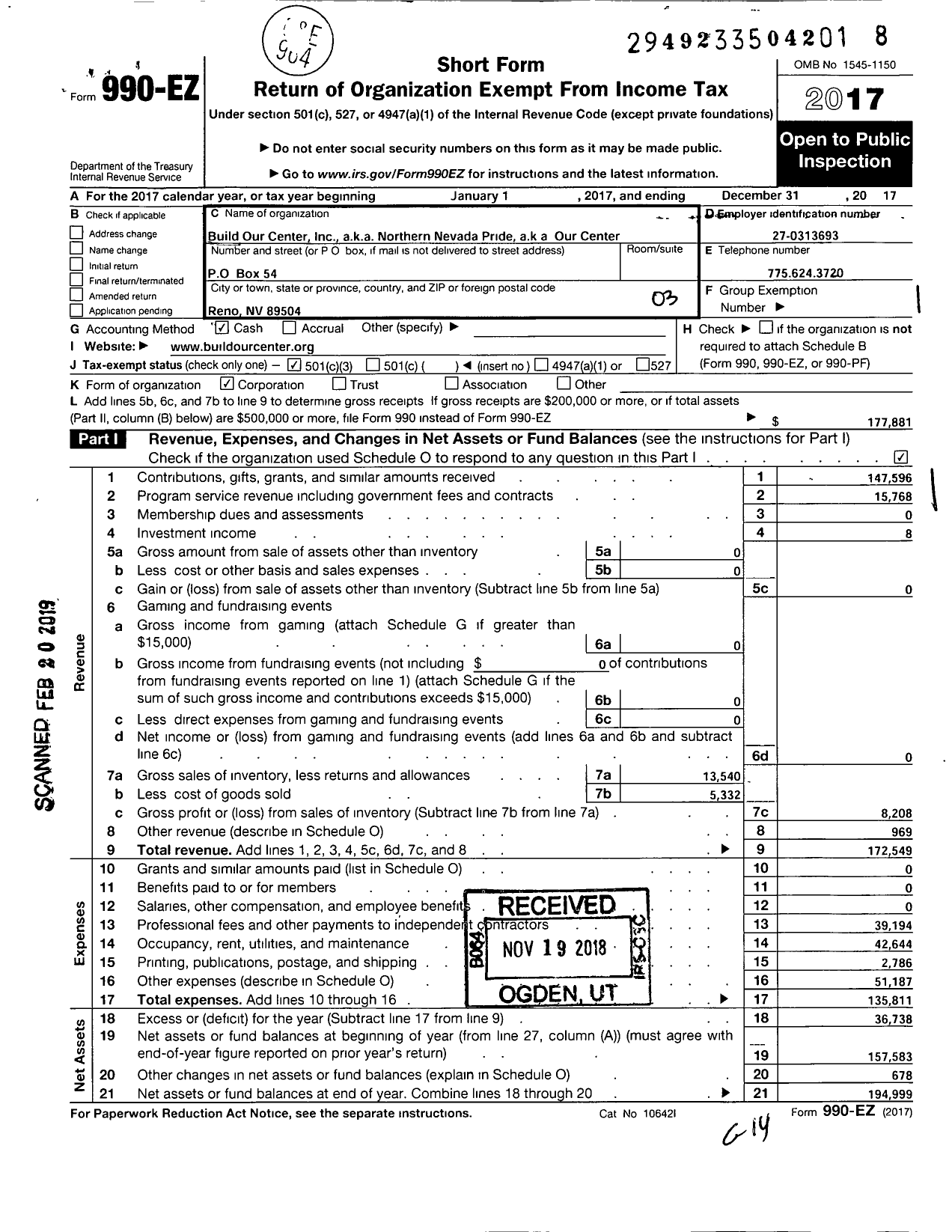 Image of first page of 2017 Form 990EZ for Northern Nevada Pride