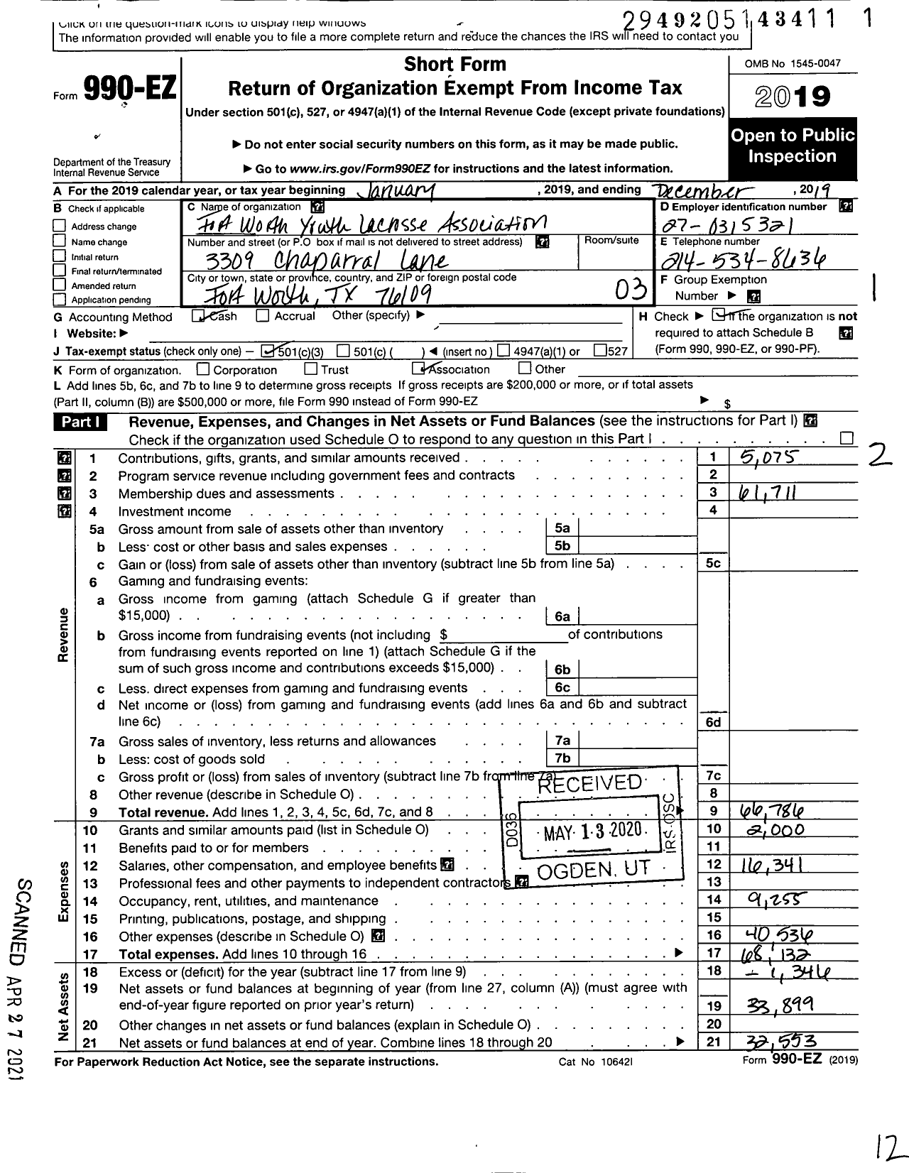 Image of first page of 2019 Form 990EZ for Fort Worth Youth Lacrosse Association