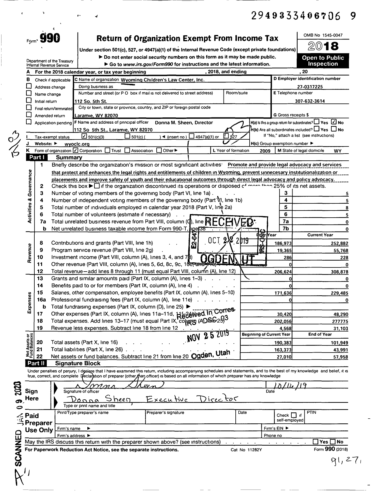 Image of first page of 2018 Form 990 for Wyoming Childrens Law Center