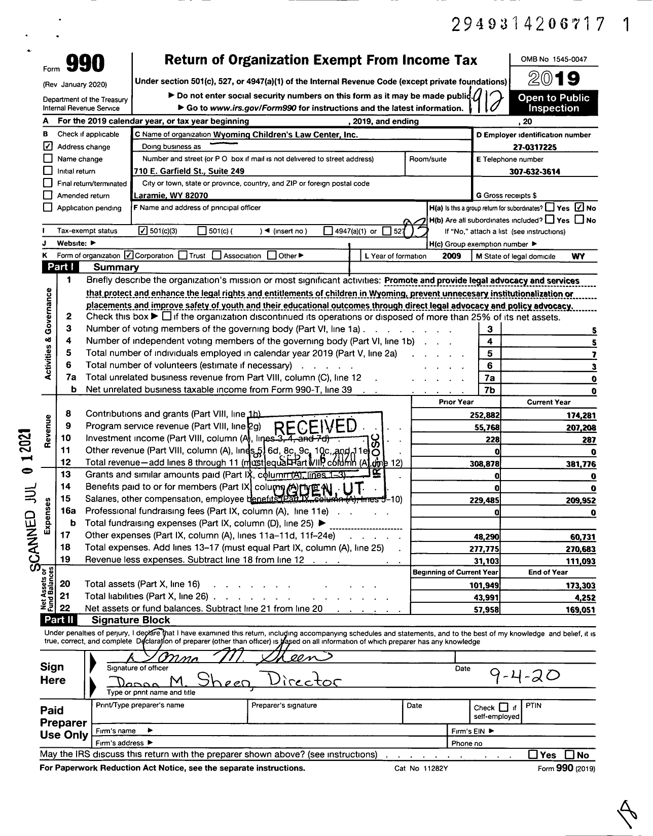 Image of first page of 2019 Form 990 for Wyoming Childrens Law Center