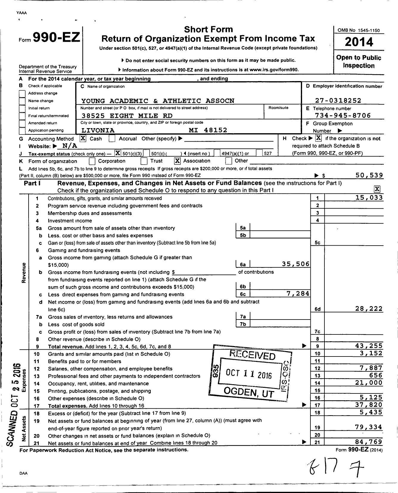 Image of first page of 2014 Form 990EZ for Young Academic and Athletic Assocn