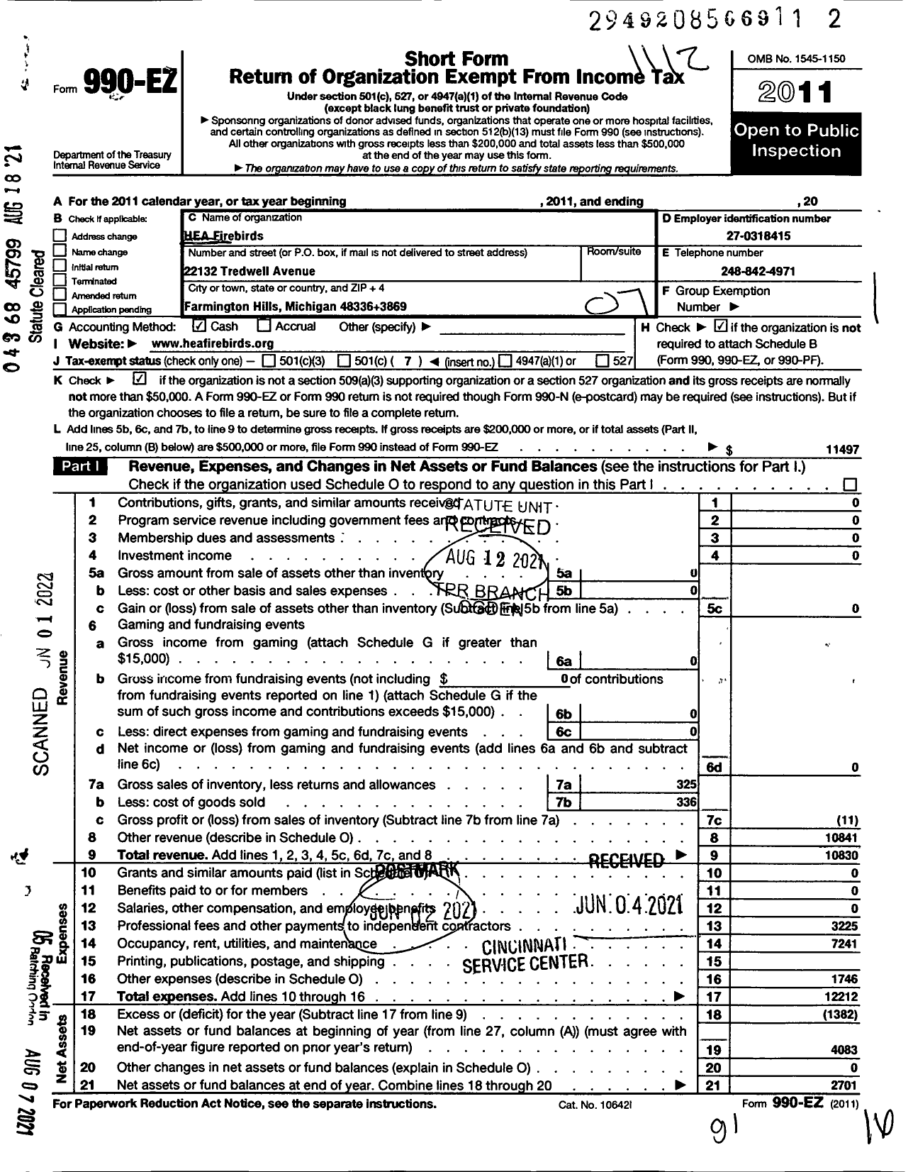 Image of first page of 2011 Form 990EO for Hea Firebirds