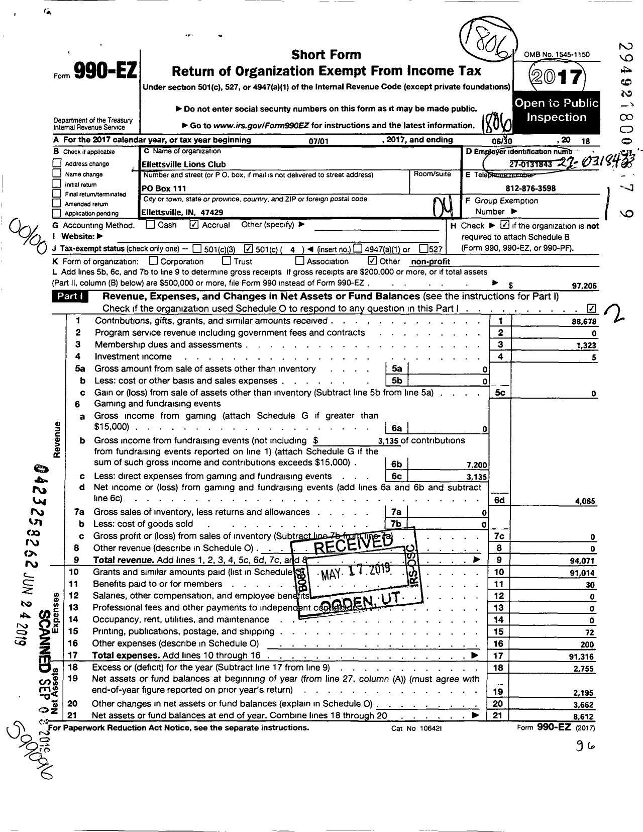 Image of first page of 2017 Form 990EO for Lions Clubs - 9662 Ellettsville