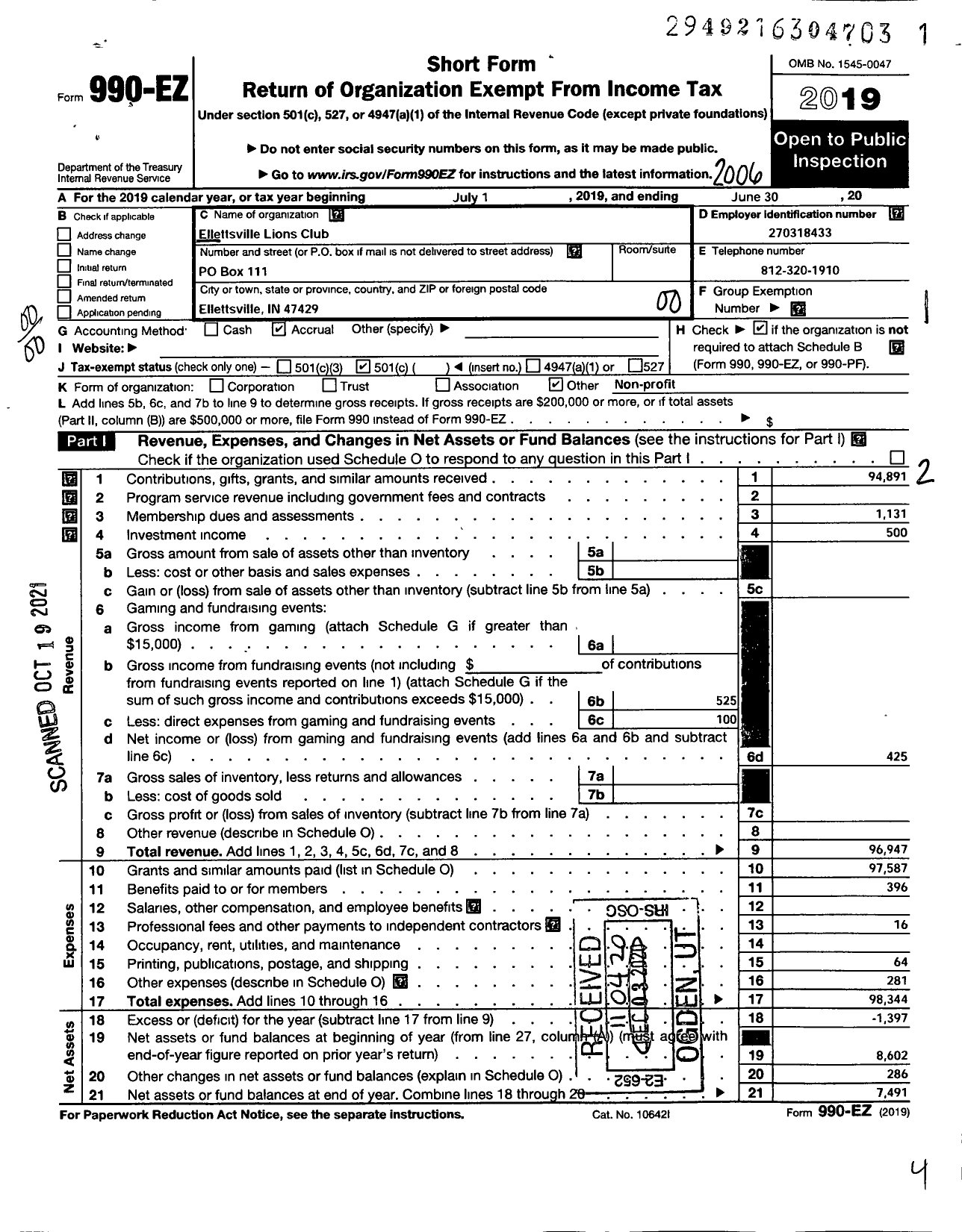 Image of first page of 2019 Form 990EO for Lions Clubs - 9662 Ellettsville