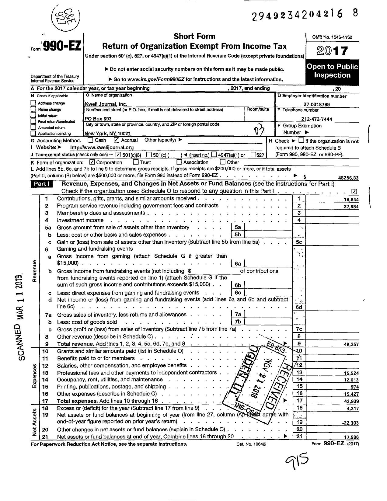 Image of first page of 2017 Form 990EZ for Kweli Journal