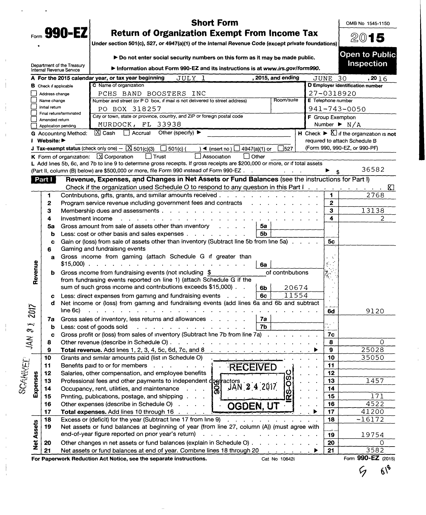 Image of first page of 2015 Form 990EZ for PCHS Band Boosters