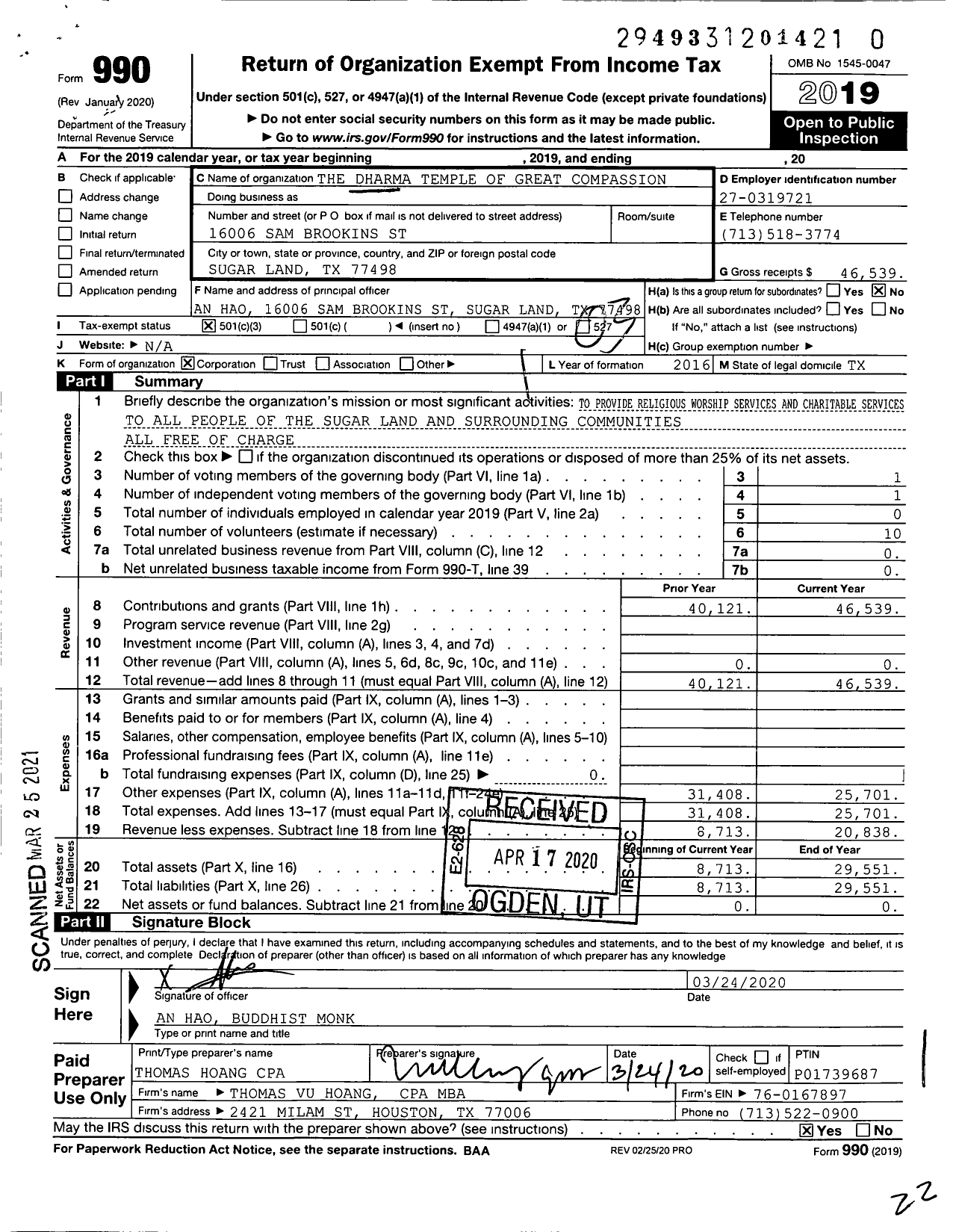 Image of first page of 2019 Form 990 for The Dharma Temple of Great Compassion