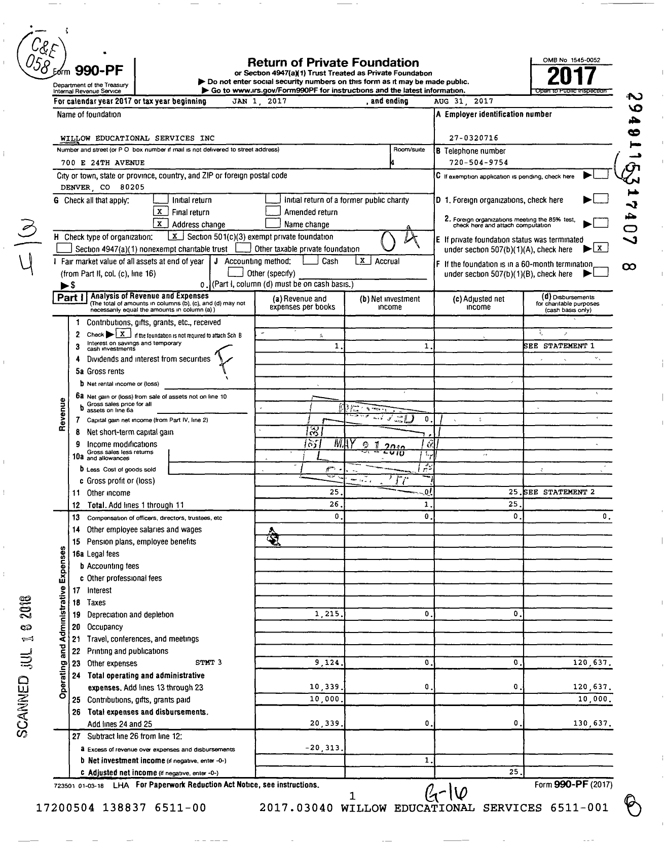 Image of first page of 2017 Form 990PF for Willow Educational Services