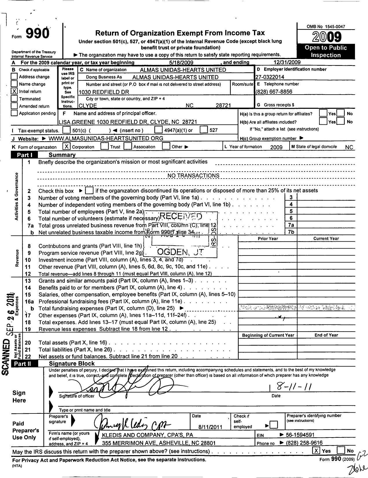 Image of first page of 2009 Form 990O for Almas Unidas-Hearts United