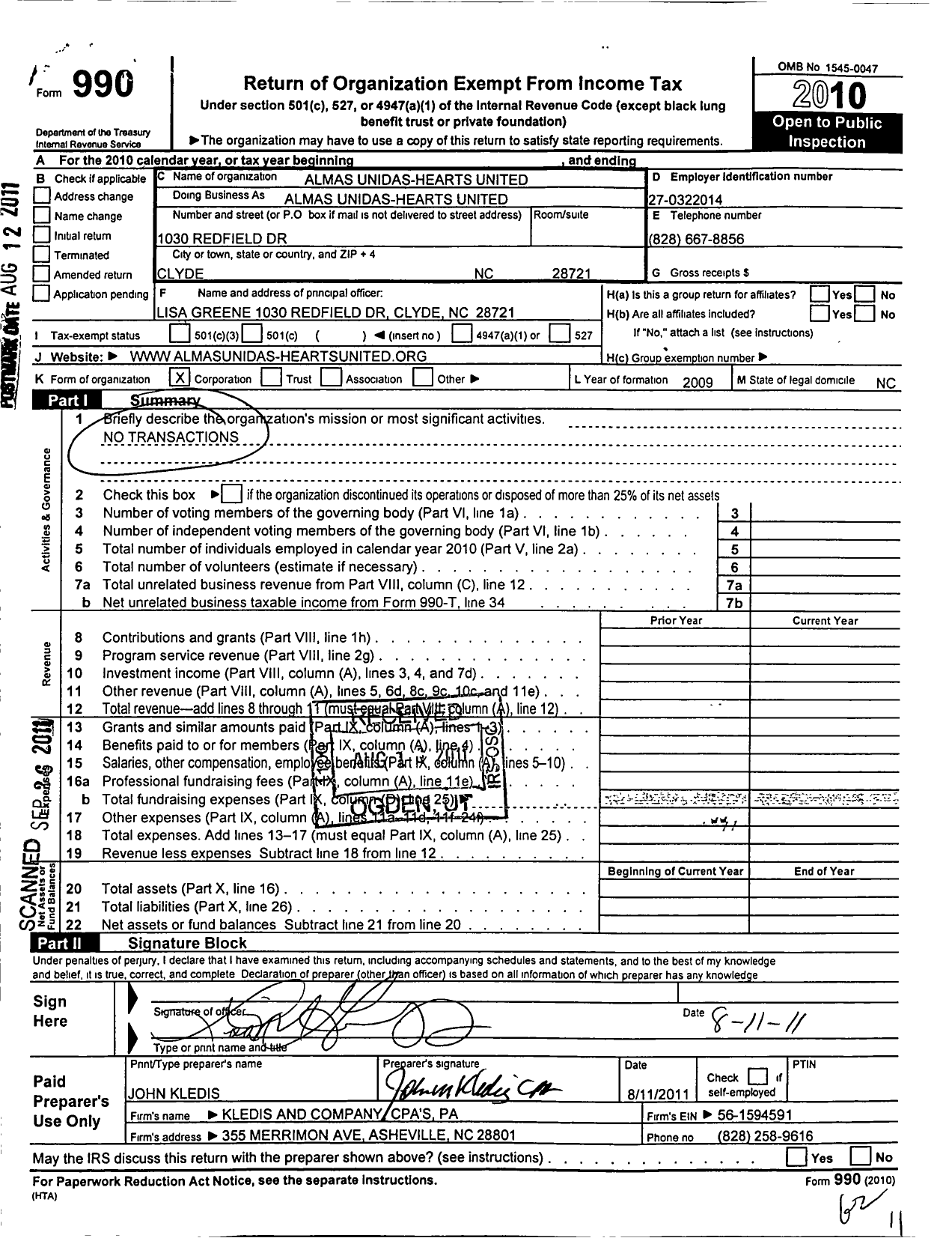 Image of first page of 2010 Form 990O for Almas Unidas-Hearts United