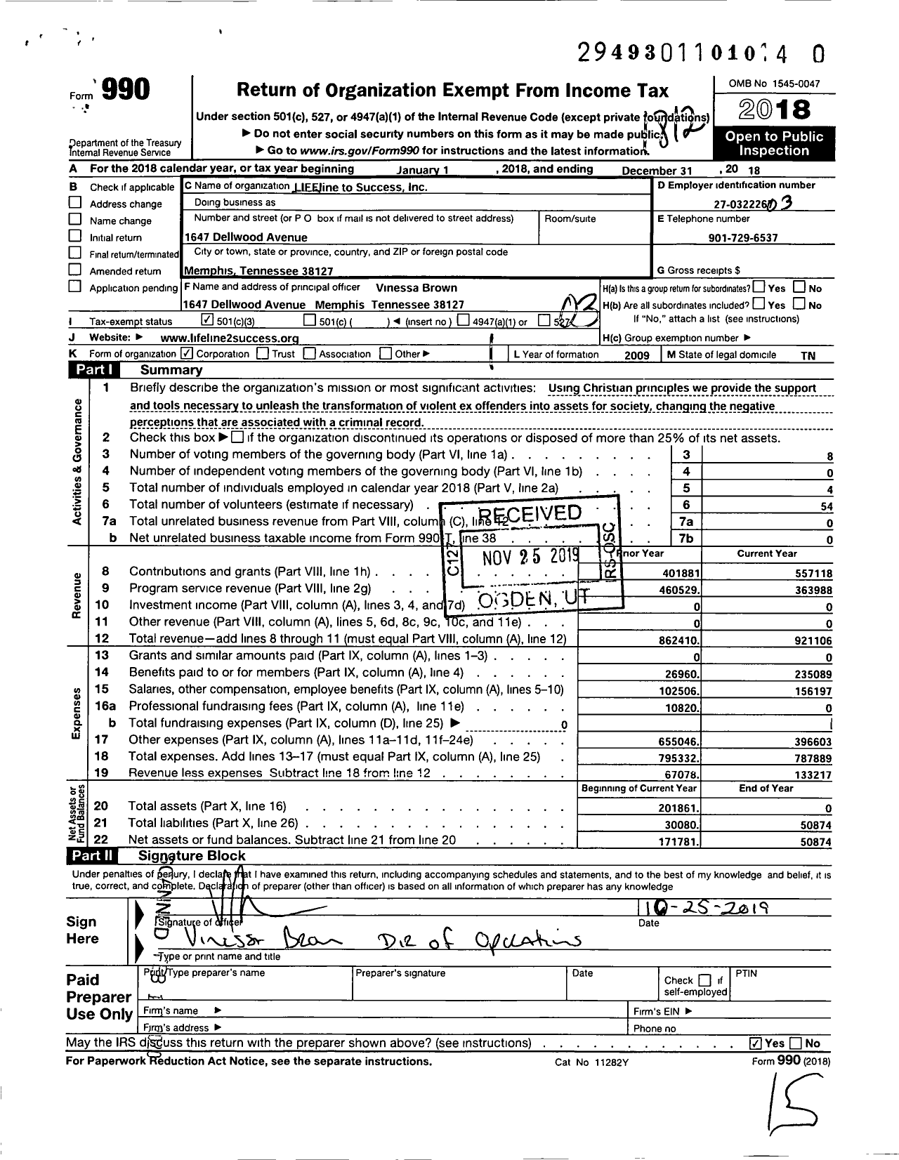 Image of first page of 2018 Form 990 for Lifeline To Success