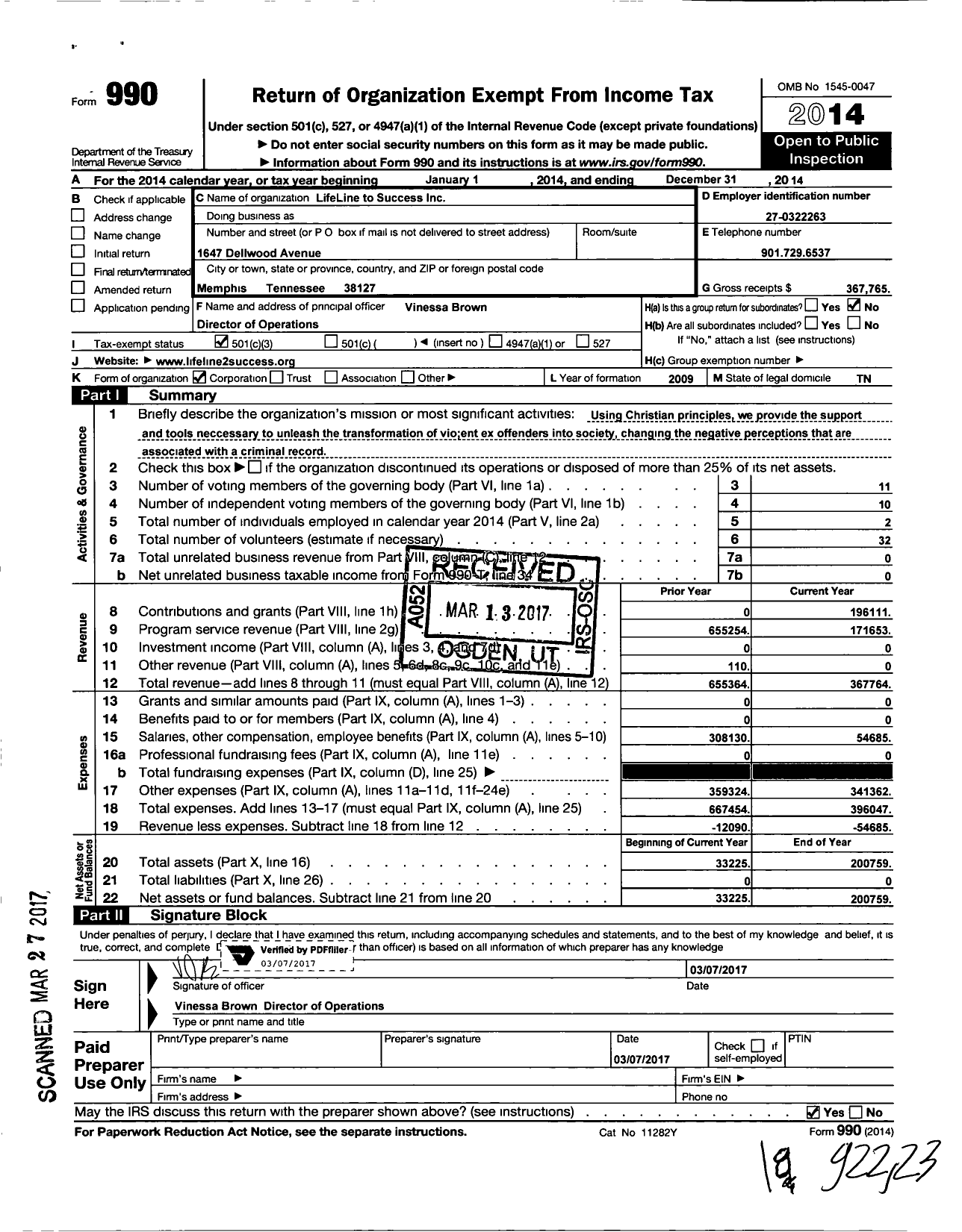 Image of first page of 2014 Form 990 for Lifeline To Success