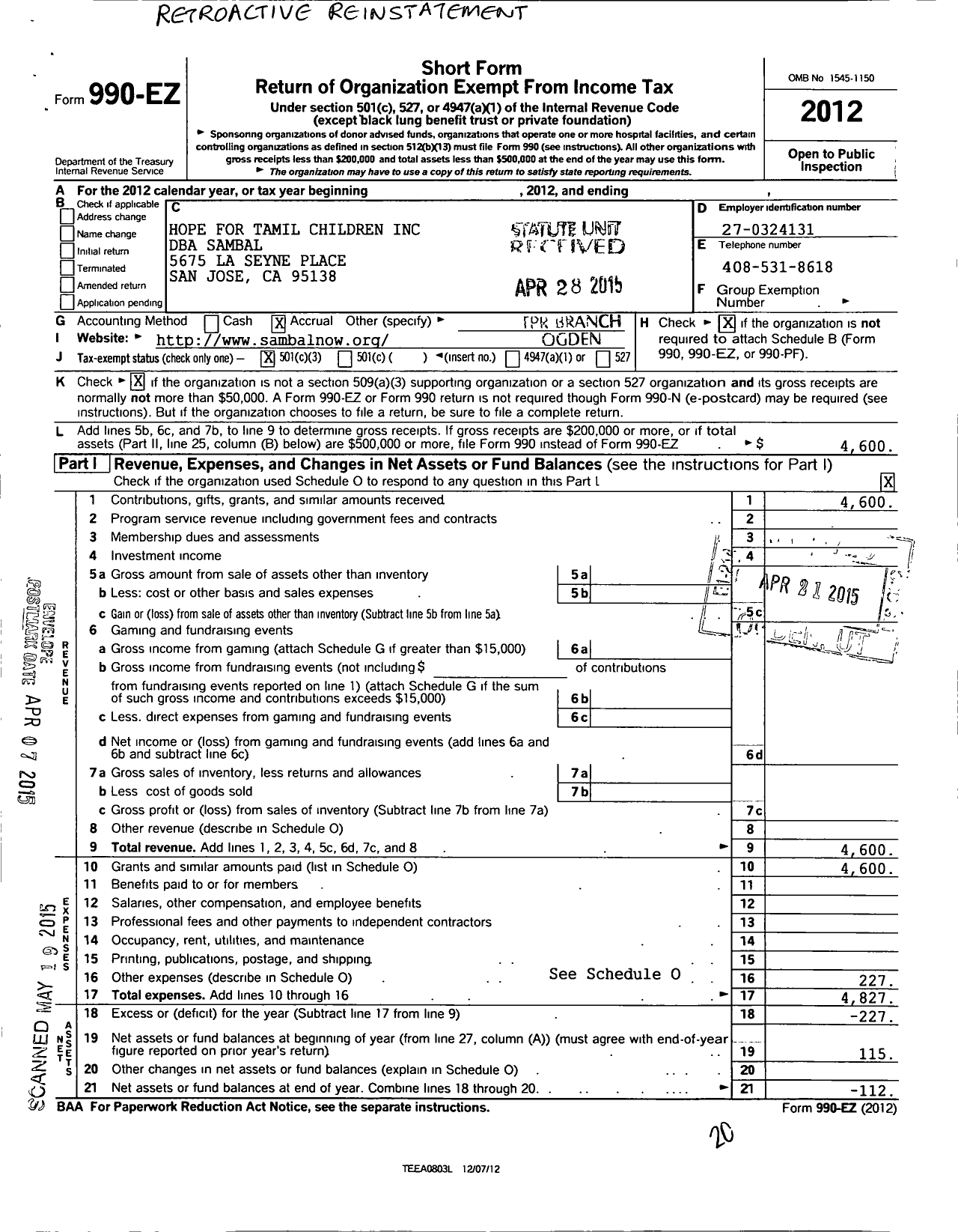 Image of first page of 2012 Form 990EZ for Hope for Tamil Children