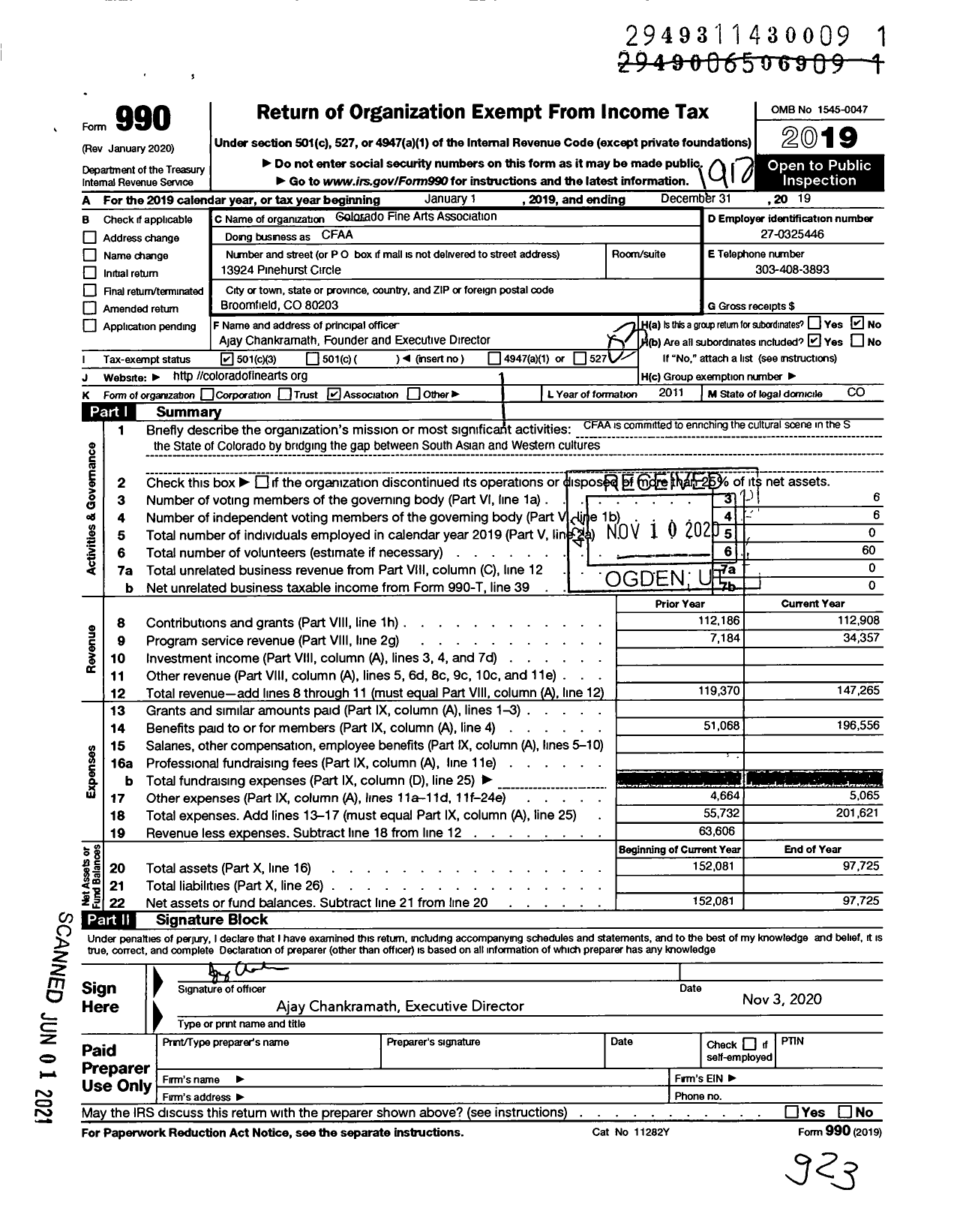 Image of first page of 2019 Form 990 for Colorado Fine Arts Association (CFAA)