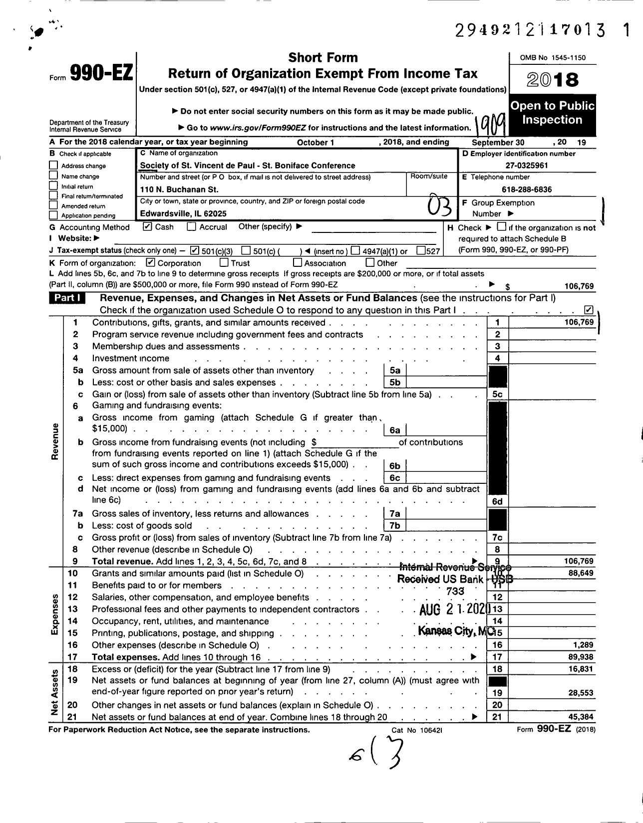 Image of first page of 2018 Form 990EZ for Society of St Vincent de Paul St Boniface Conference