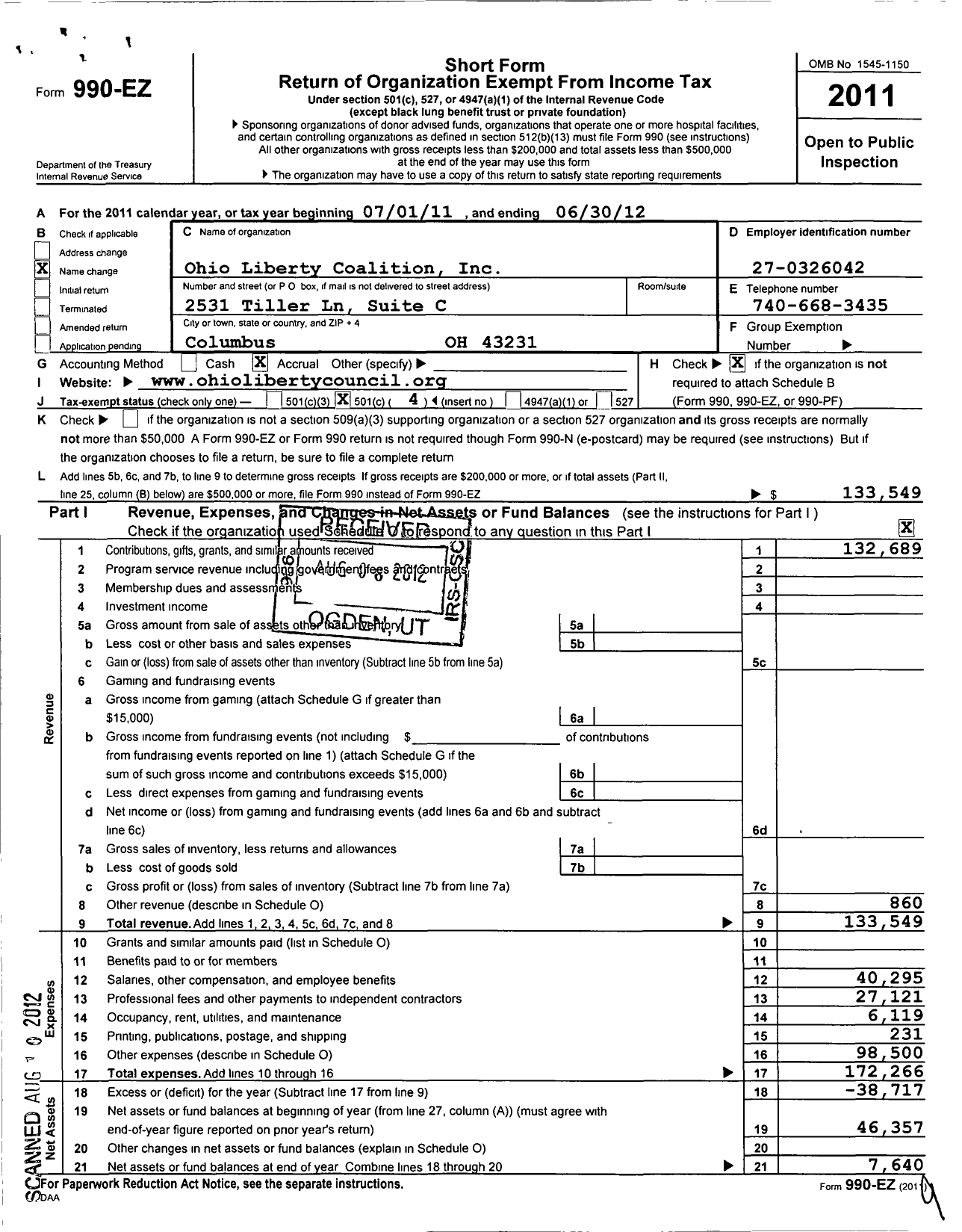 Image of first page of 2011 Form 990EO for Ohio Liberty Council Corporation