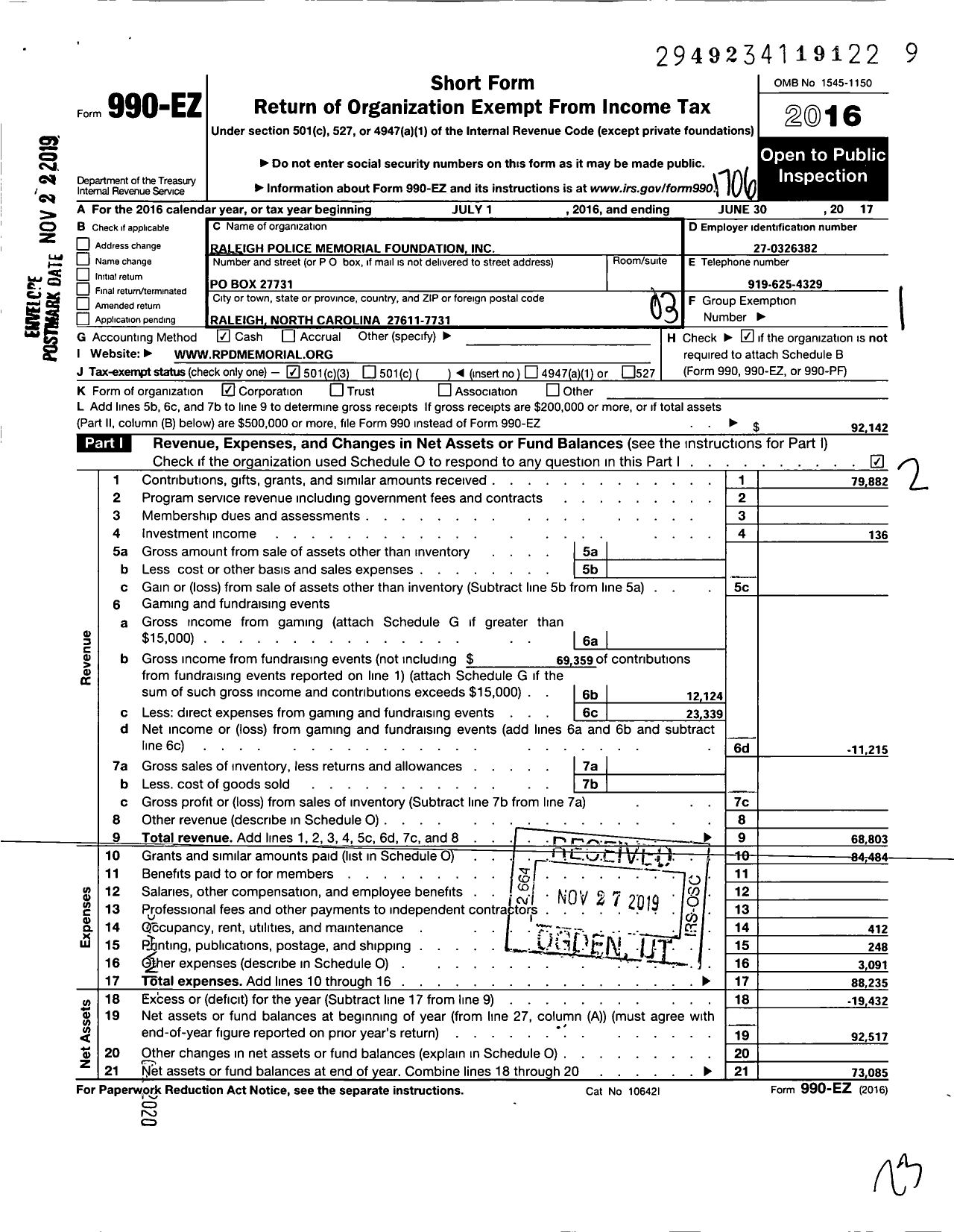 Image of first page of 2016 Form 990EZ for Raleigh Police Department Foundation