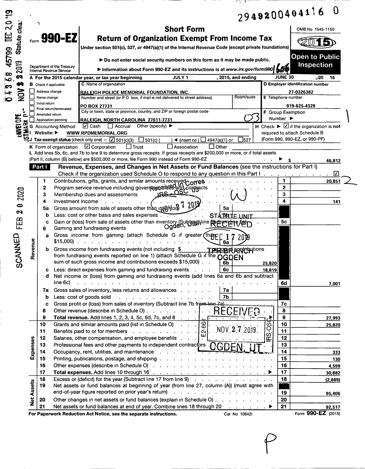 Image of first page of 2015 Form 990EZ for Raleigh Police Department Foundation