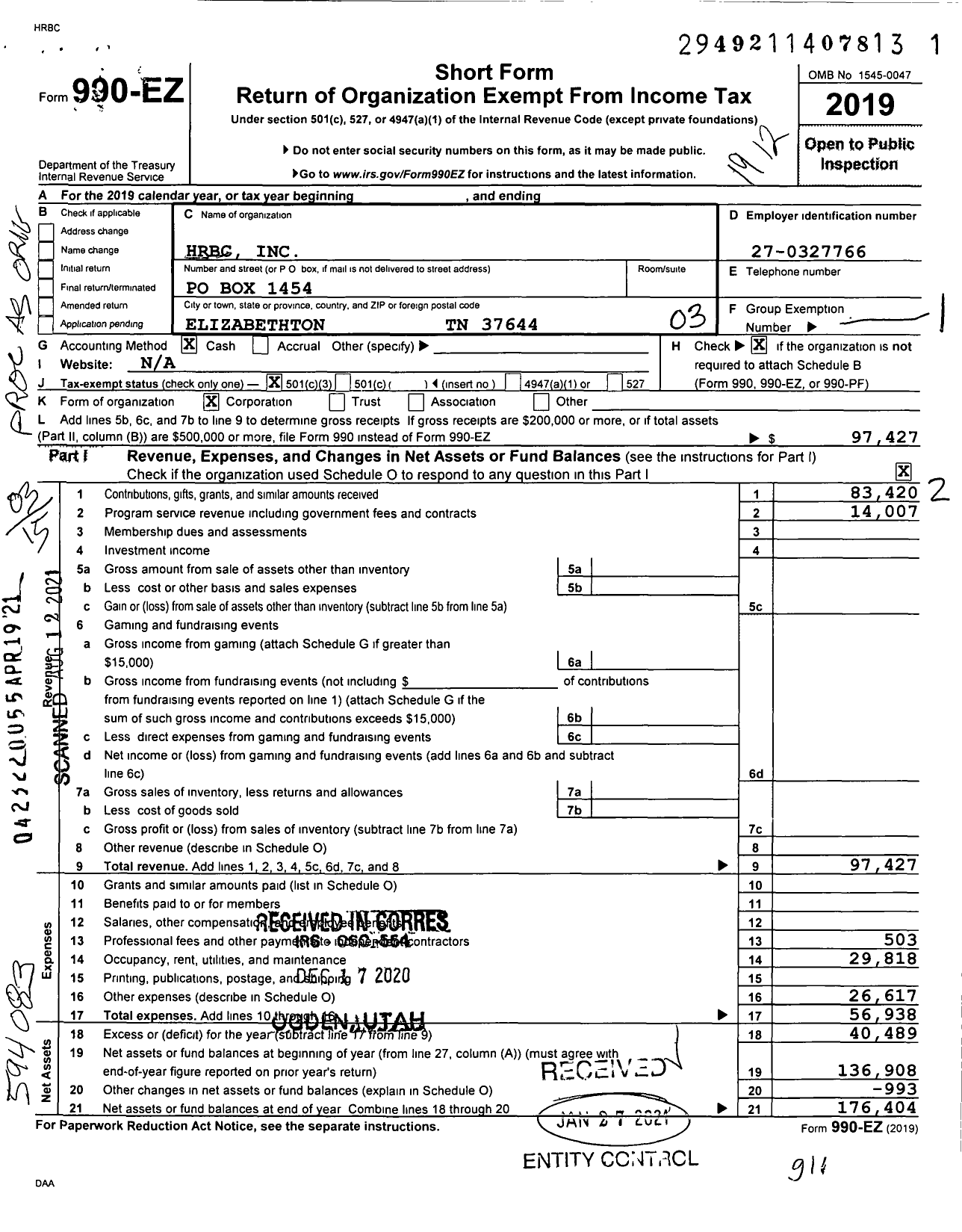 Image of first page of 2019 Form 990EZ for HRBC