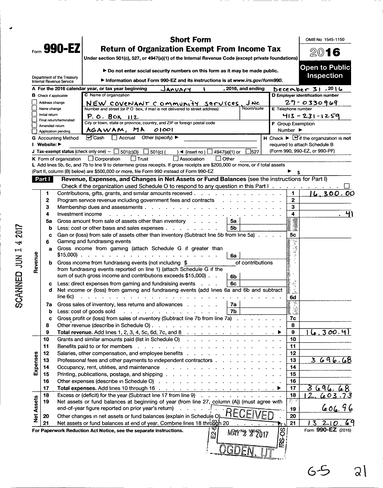 Image of first page of 2016 Form 990EO for New Covenant Community Services