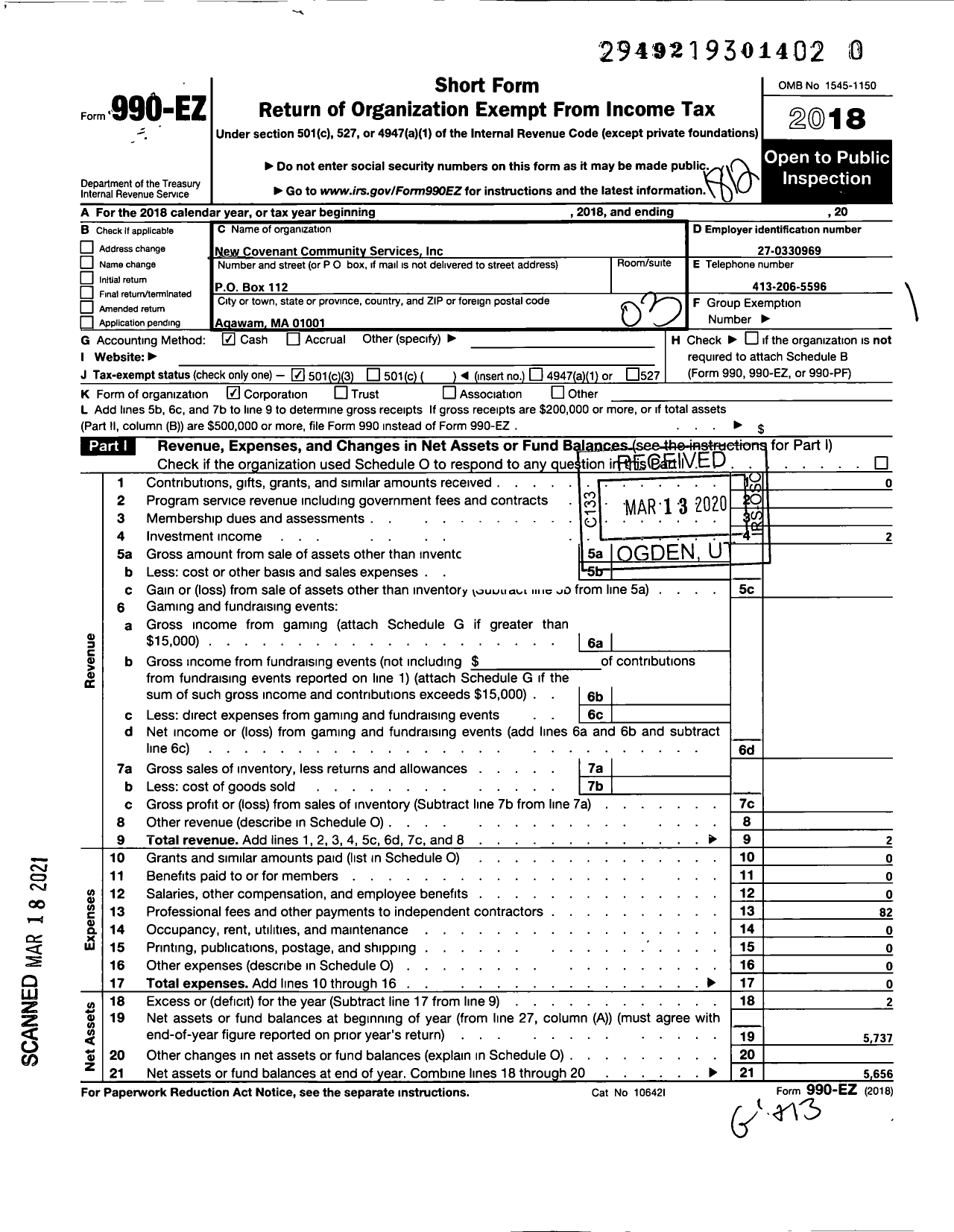 Image of first page of 2018 Form 990EZ for New Covenant Community Services