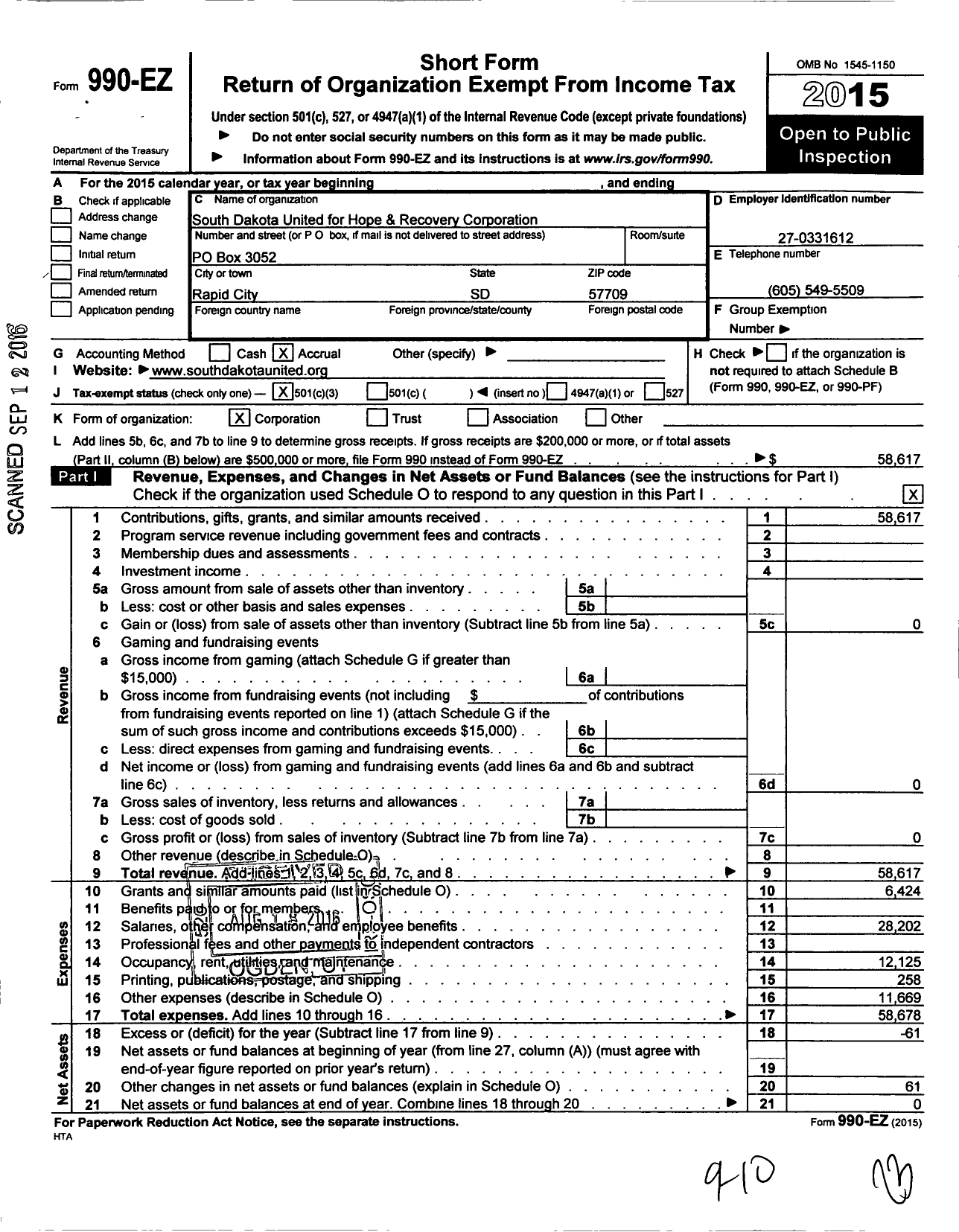 Image of first page of 2015 Form 990EZ for South Dakota United for Hope & Recovery Corporation