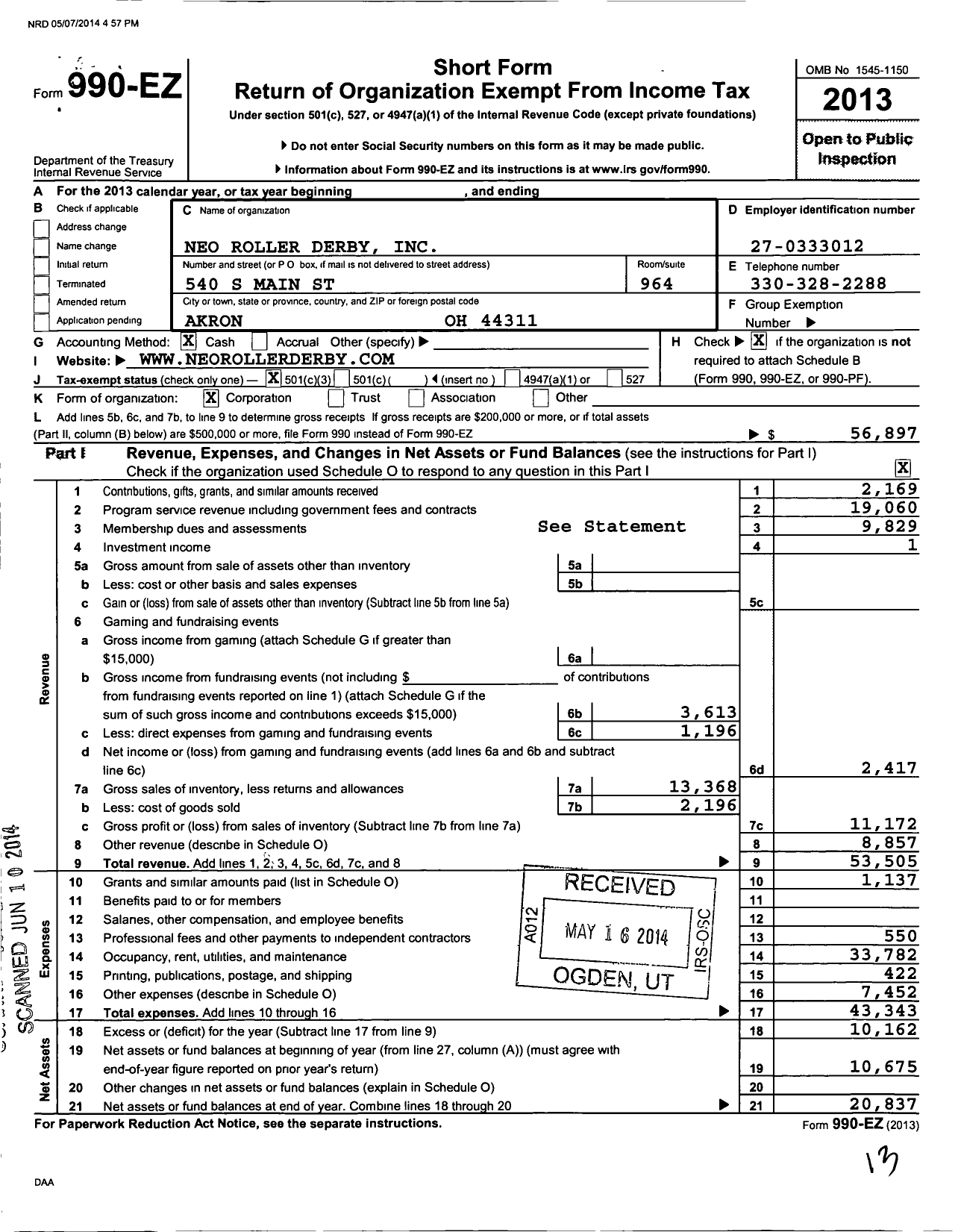 Image of first page of 2013 Form 990EZ for Akron Roller Derby