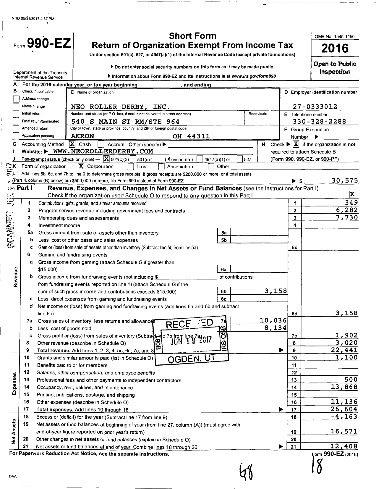 Image of first page of 2016 Form 990EZ for Akron Roller Derby