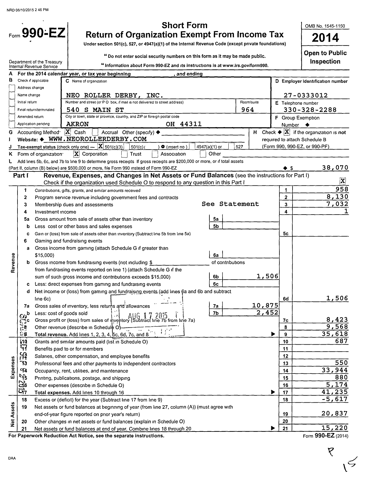 Image of first page of 2014 Form 990EZ for Akron Roller Derby