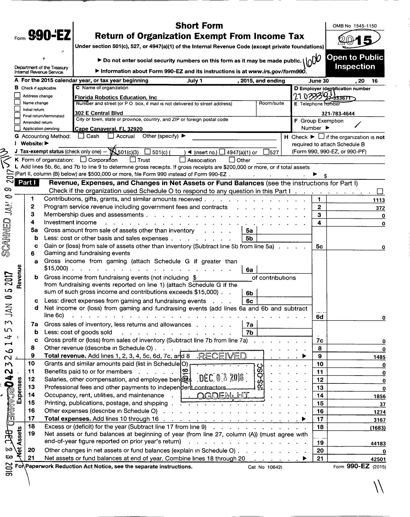 Image of first page of 2015 Form 990EZ for Florida Robotics Education