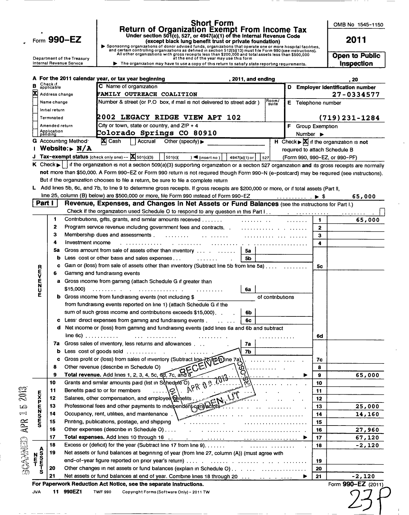 Image of first page of 2011 Form 990EZ for Family Outreach Coalition