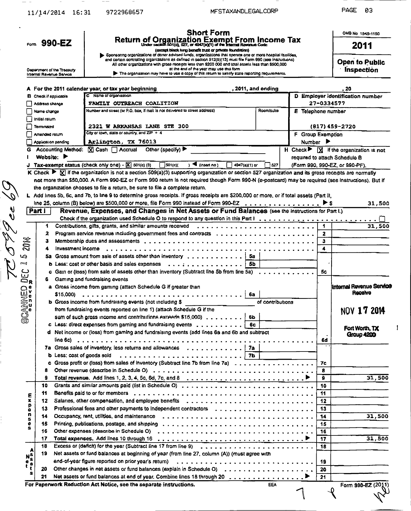 Image of first page of 2011 Form 990EZ for Family Outreach Coalition