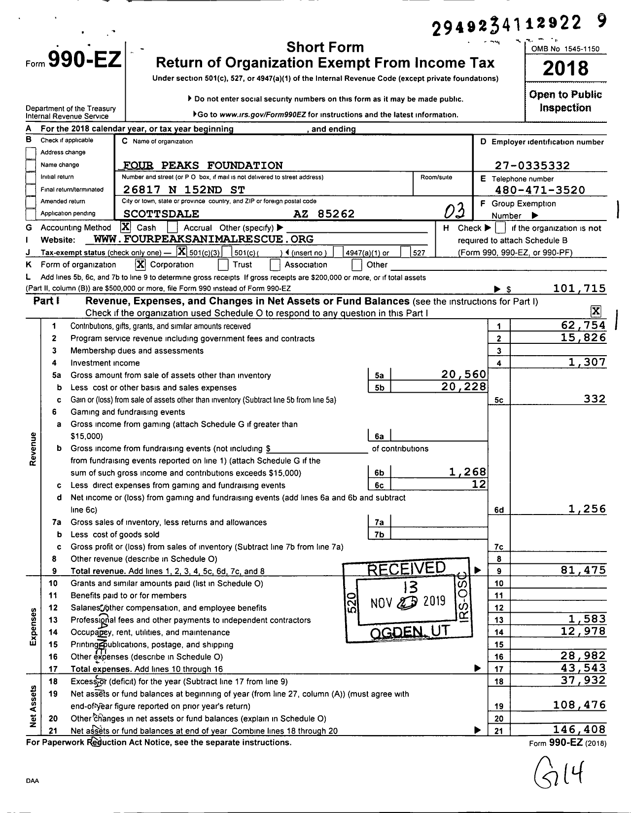 Image of first page of 2018 Form 990EZ for Four Peaks Foundation