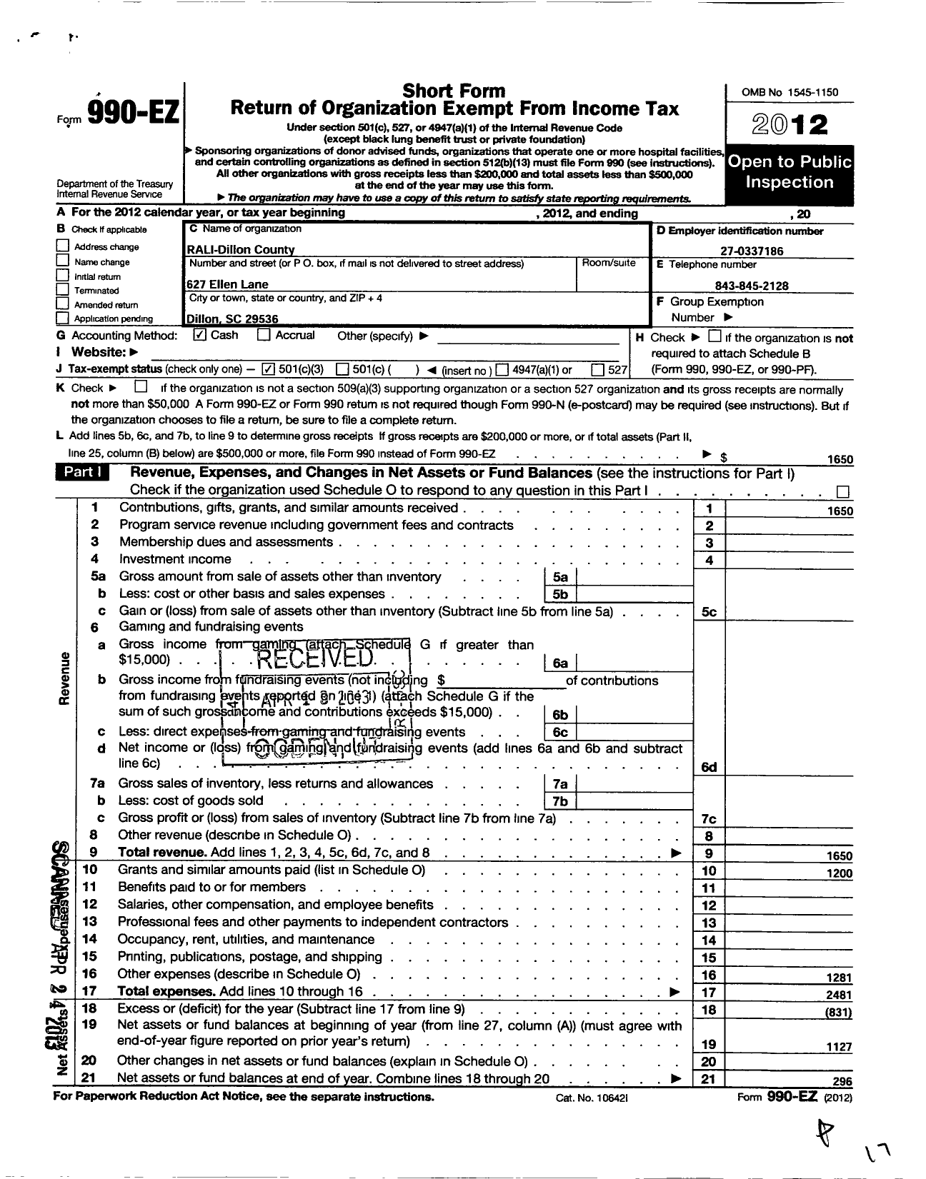 Image of first page of 2012 Form 990EZ for Rali Dillon County