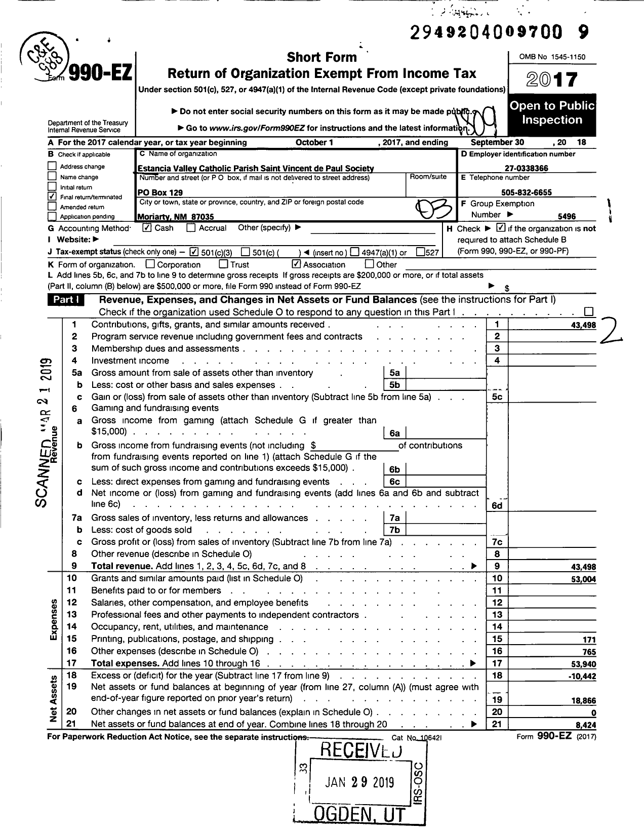 Image of first page of 2017 Form 990EZ for Estancia Valley Catholic Parish Saint Vincent de Paul Society