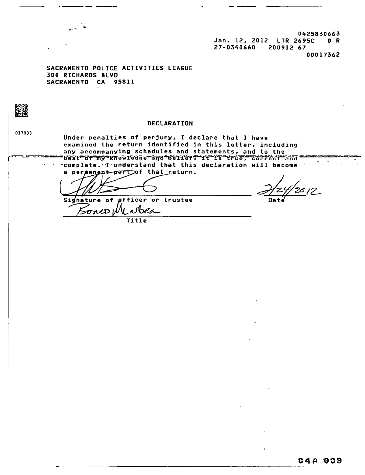 Image of first page of 2009 Form 990ER for Sacramento Police Activities League