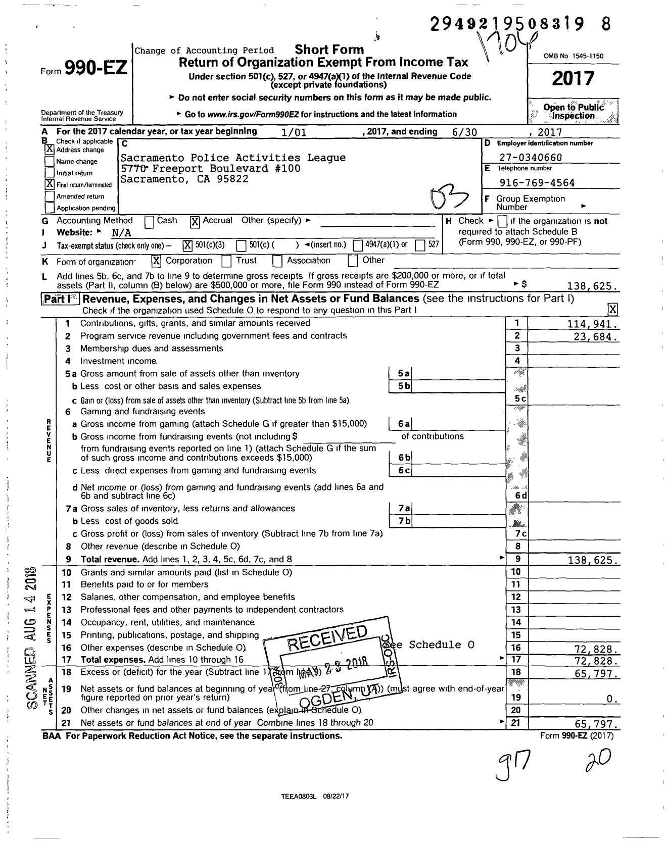 Image of first page of 2016 Form 990EZ for Sacramento Police Activities League