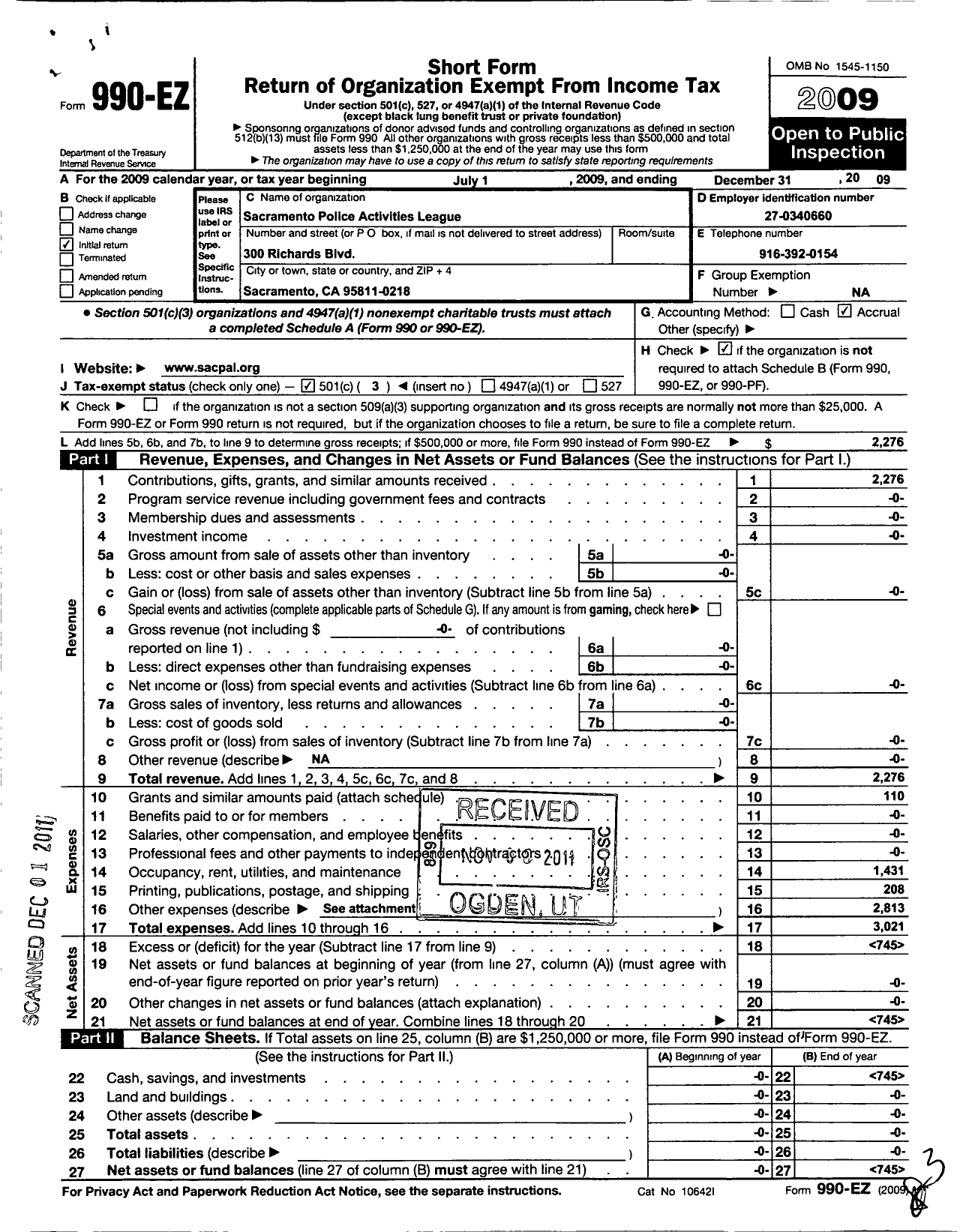 Image of first page of 2009 Form 990EZ for Sacramento Police Activities League