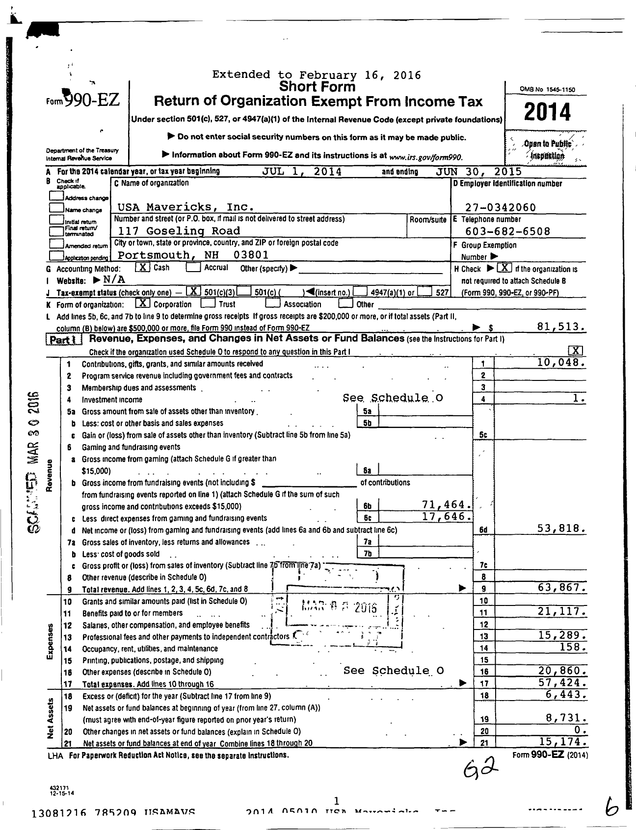 Image of first page of 2014 Form 990EZ for USA Mavericks