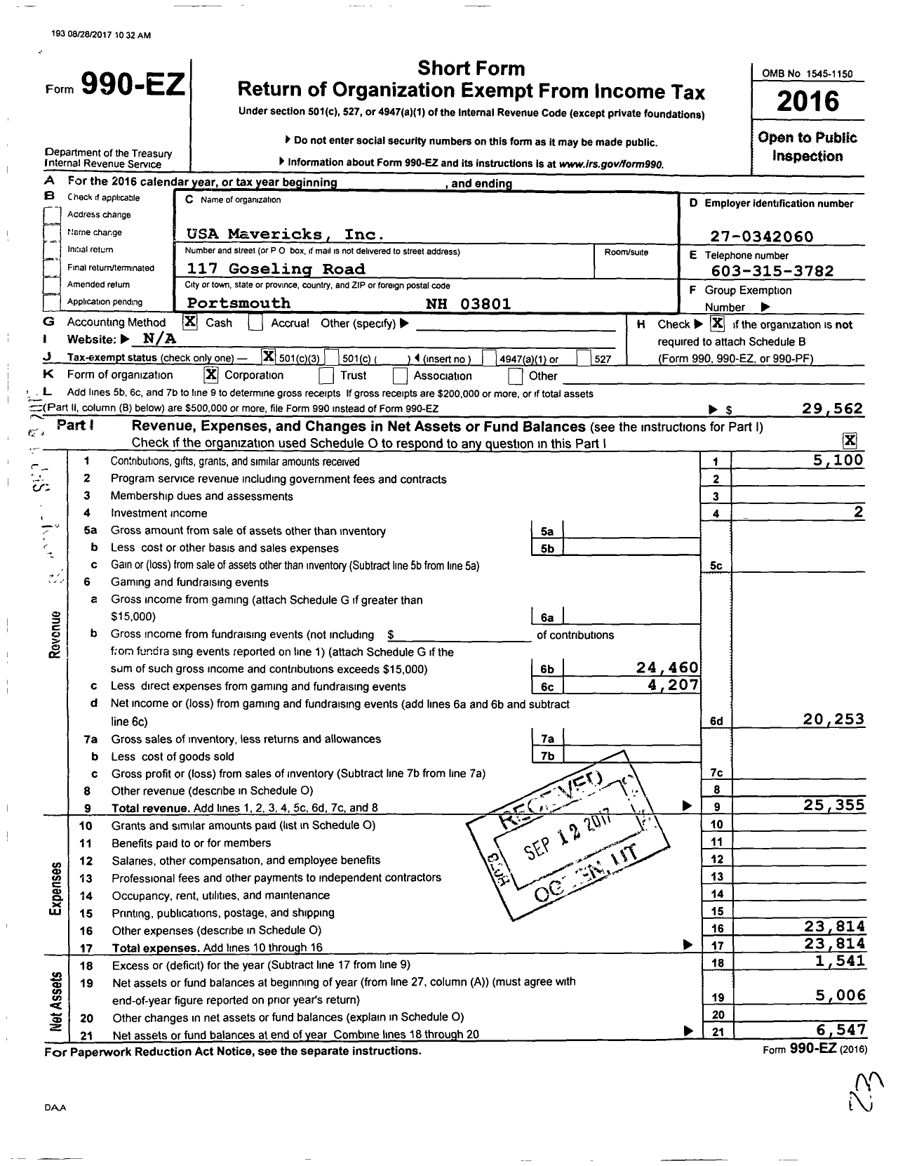 Image of first page of 2016 Form 990EZ for USA Mavericks