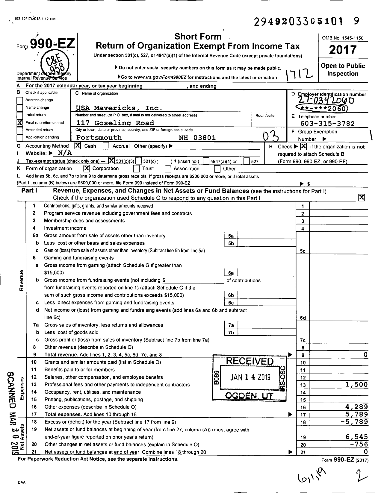 Image of first page of 2017 Form 990EZ for USA Mavericks