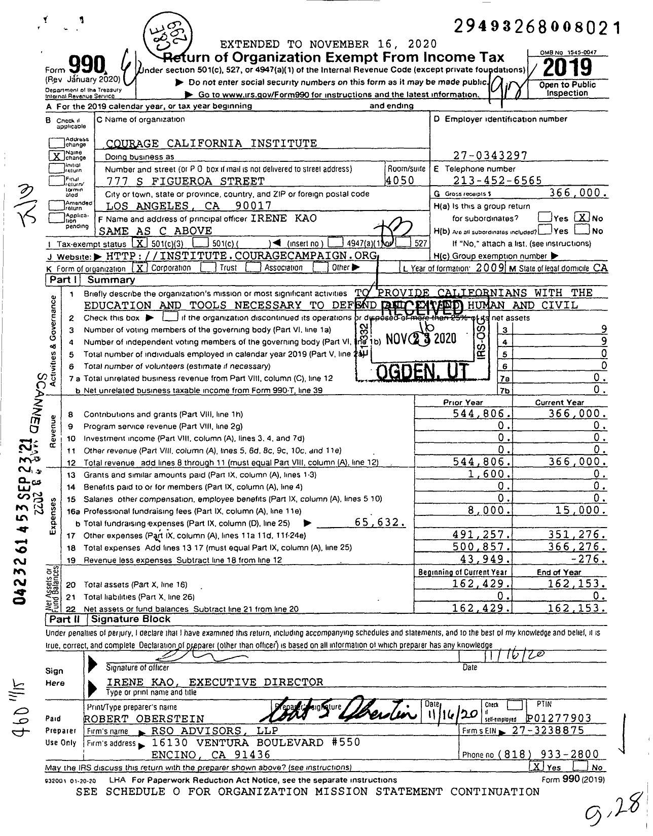 Image of first page of 2019 Form 990 for Courage California Institute