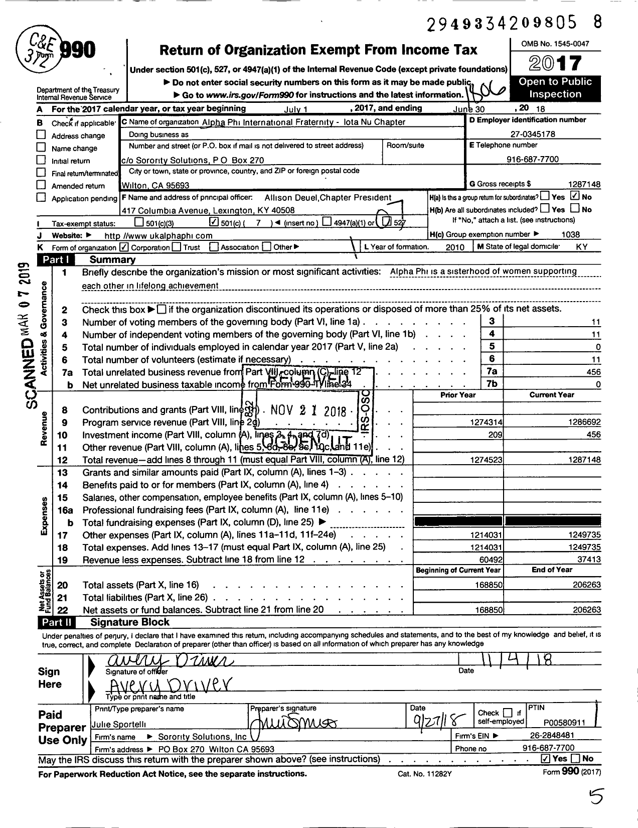 Image of first page of 2017 Form 990O for Alpha Phi - Iota Nu Chapter