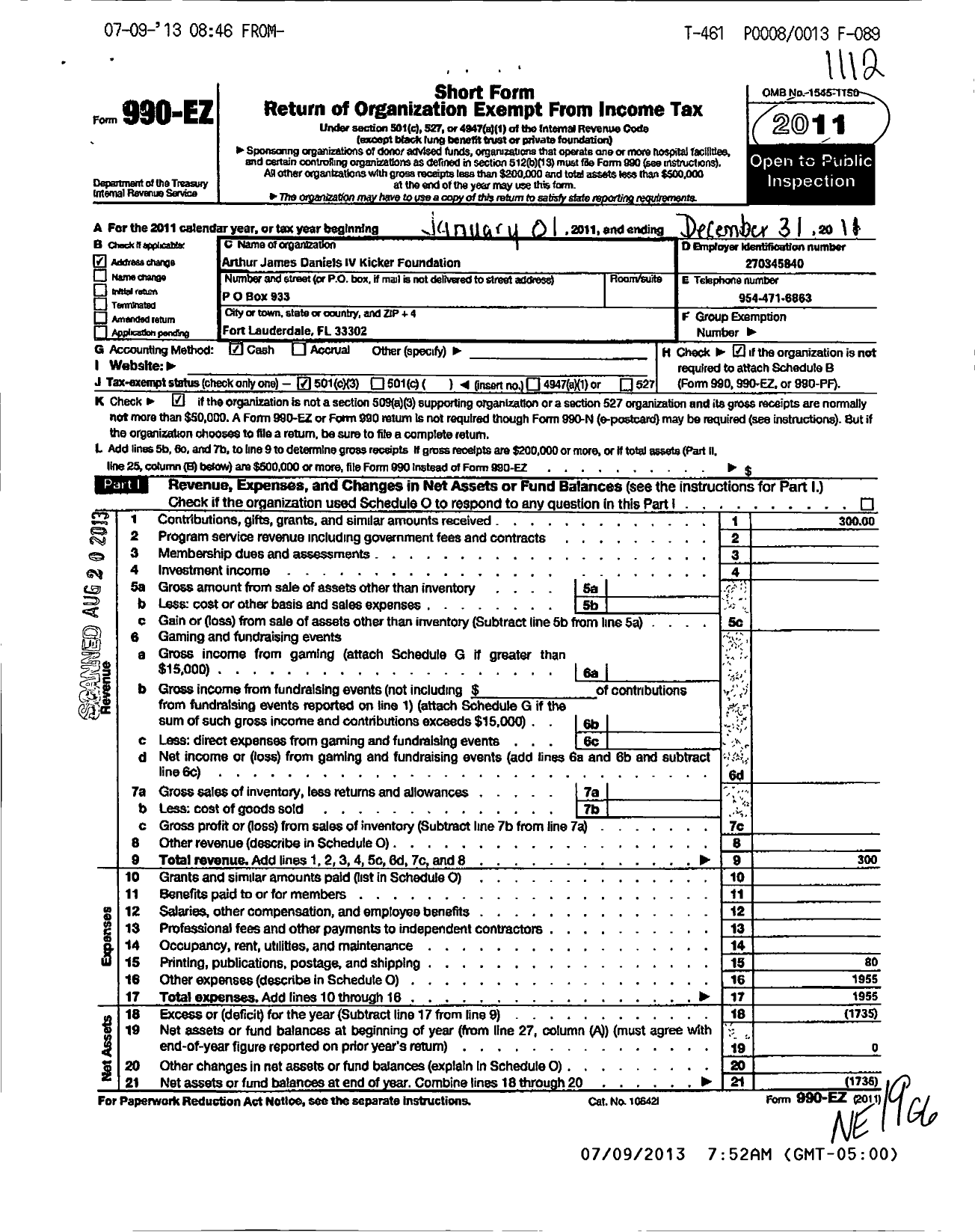 Image of first page of 2011 Form 990EZ for Arthur James Daniels Iv Kicker Foundation