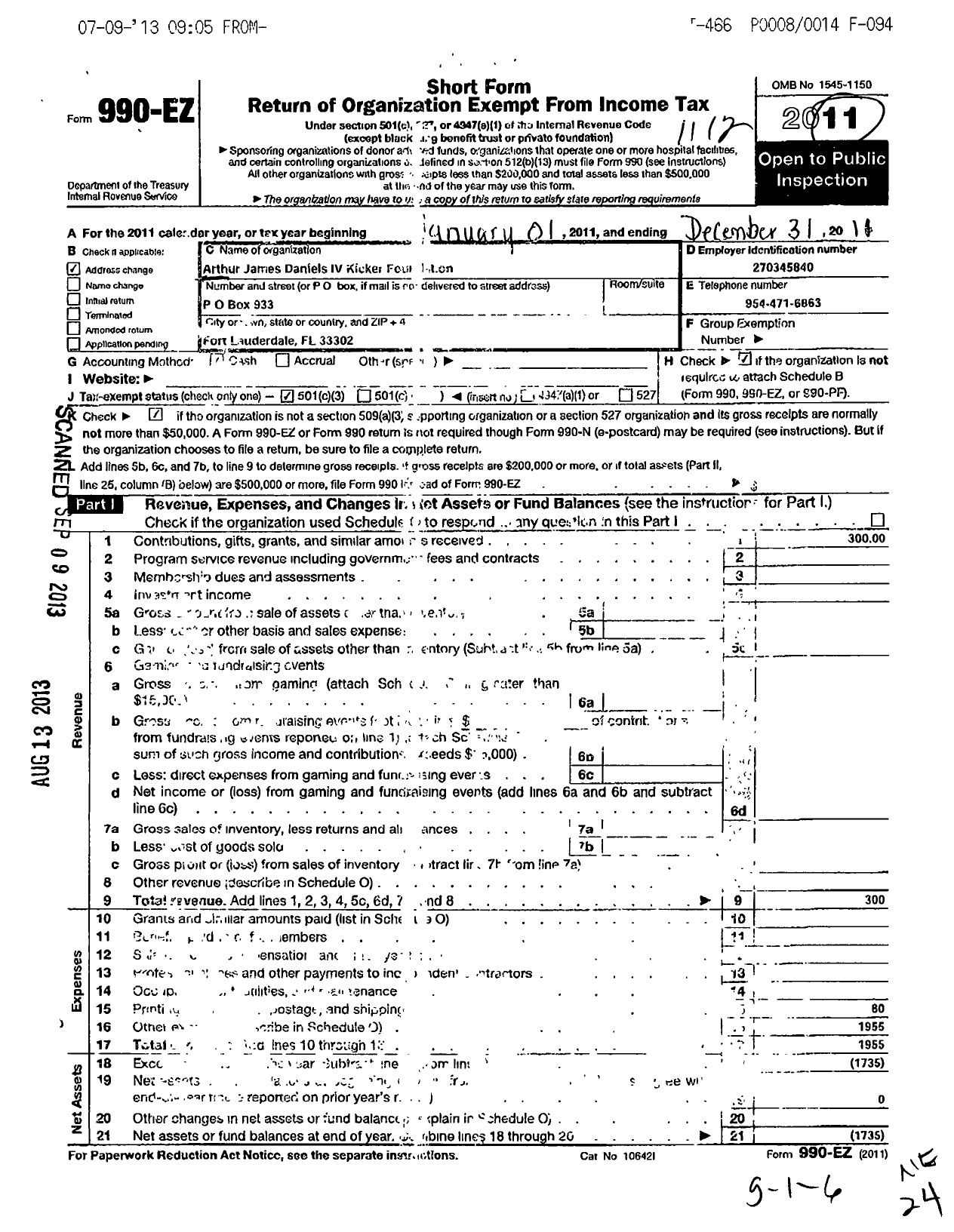 Image of first page of 2011 Form 990EZ for Arthur James Daniels Iv Kicker Foundation