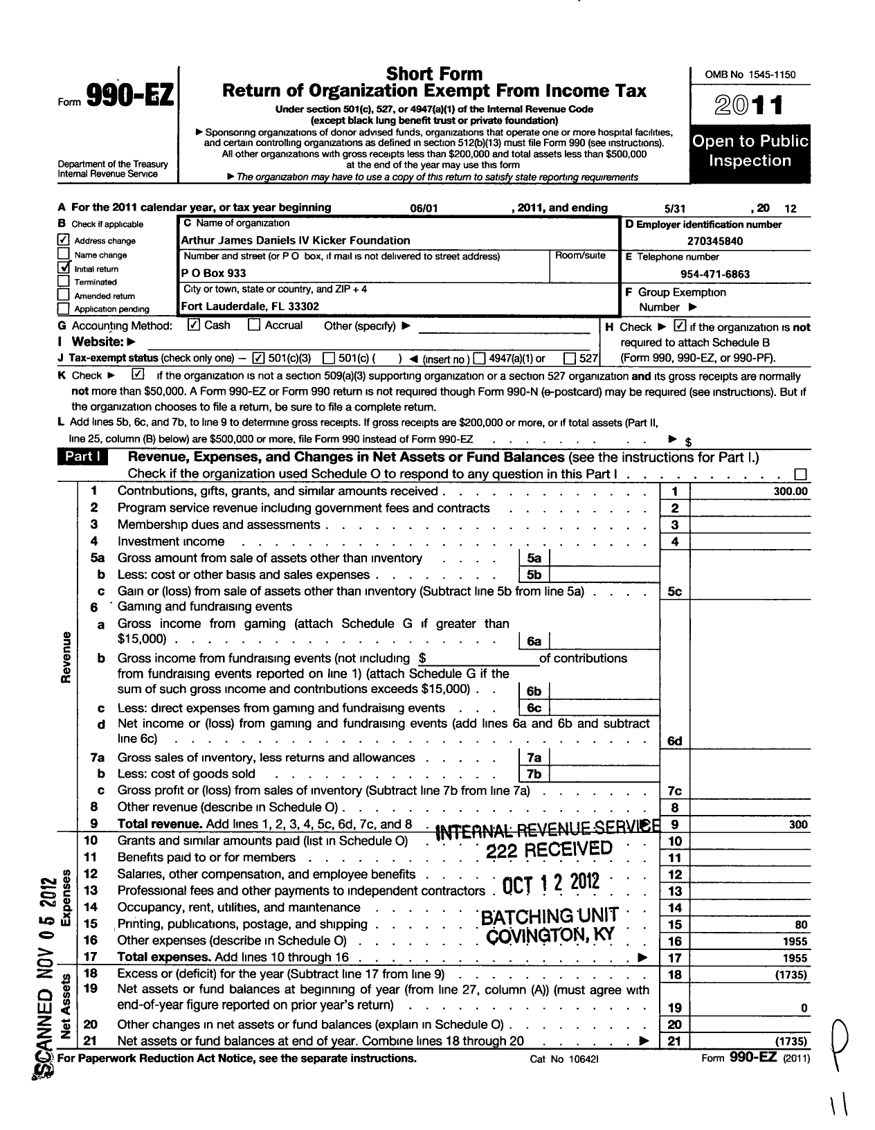 Image of first page of 2011 Form 990EZ for Arthur James Daniels Iv Kicker Foundation