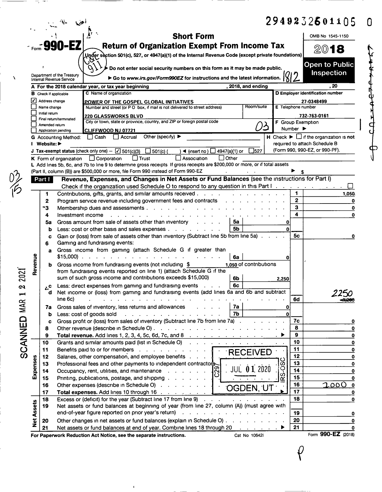 Image of first page of 2018 Form 990EZ for Power of the Gospel Global Initiatives